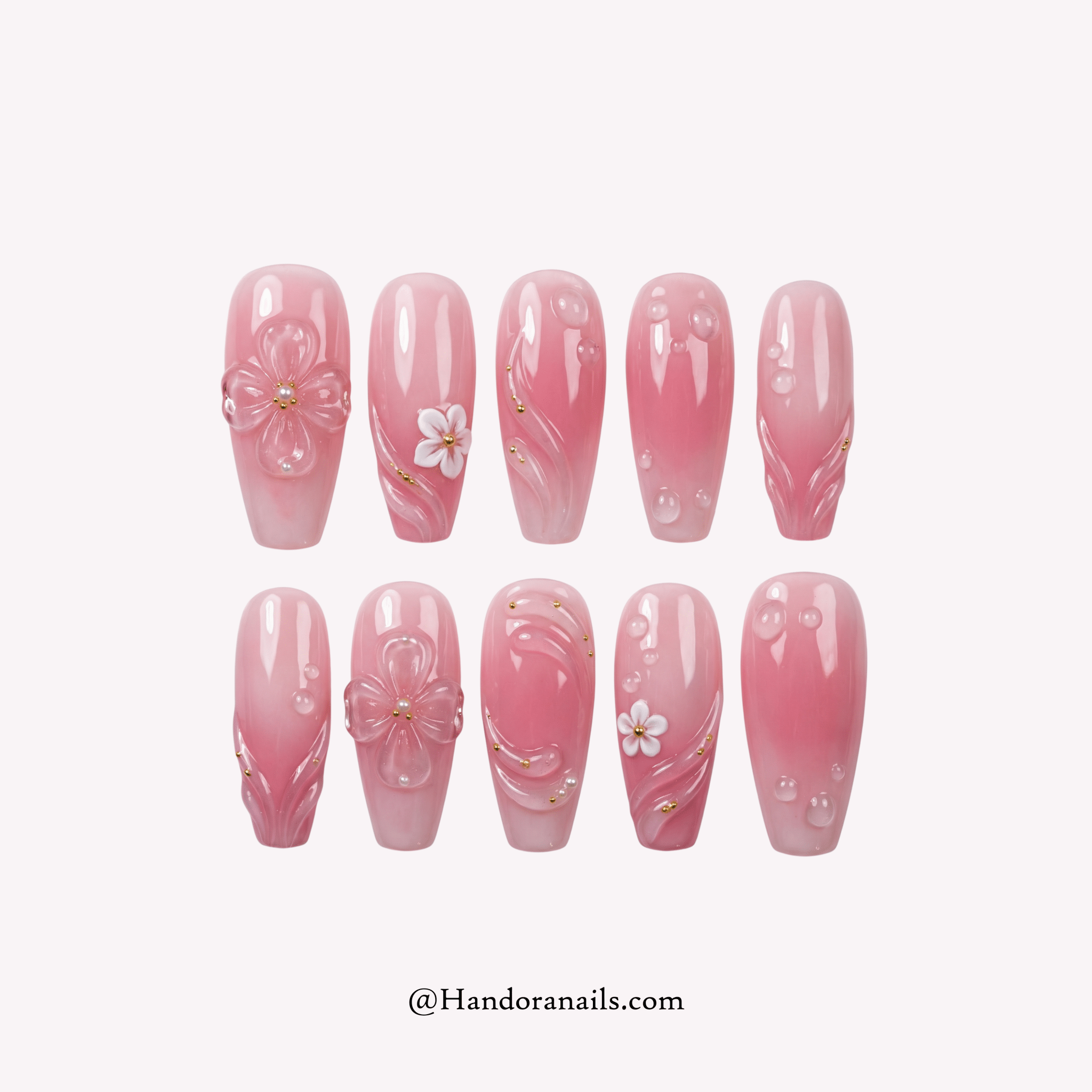 Dewy Petal coffin floral press-on nails by Handora