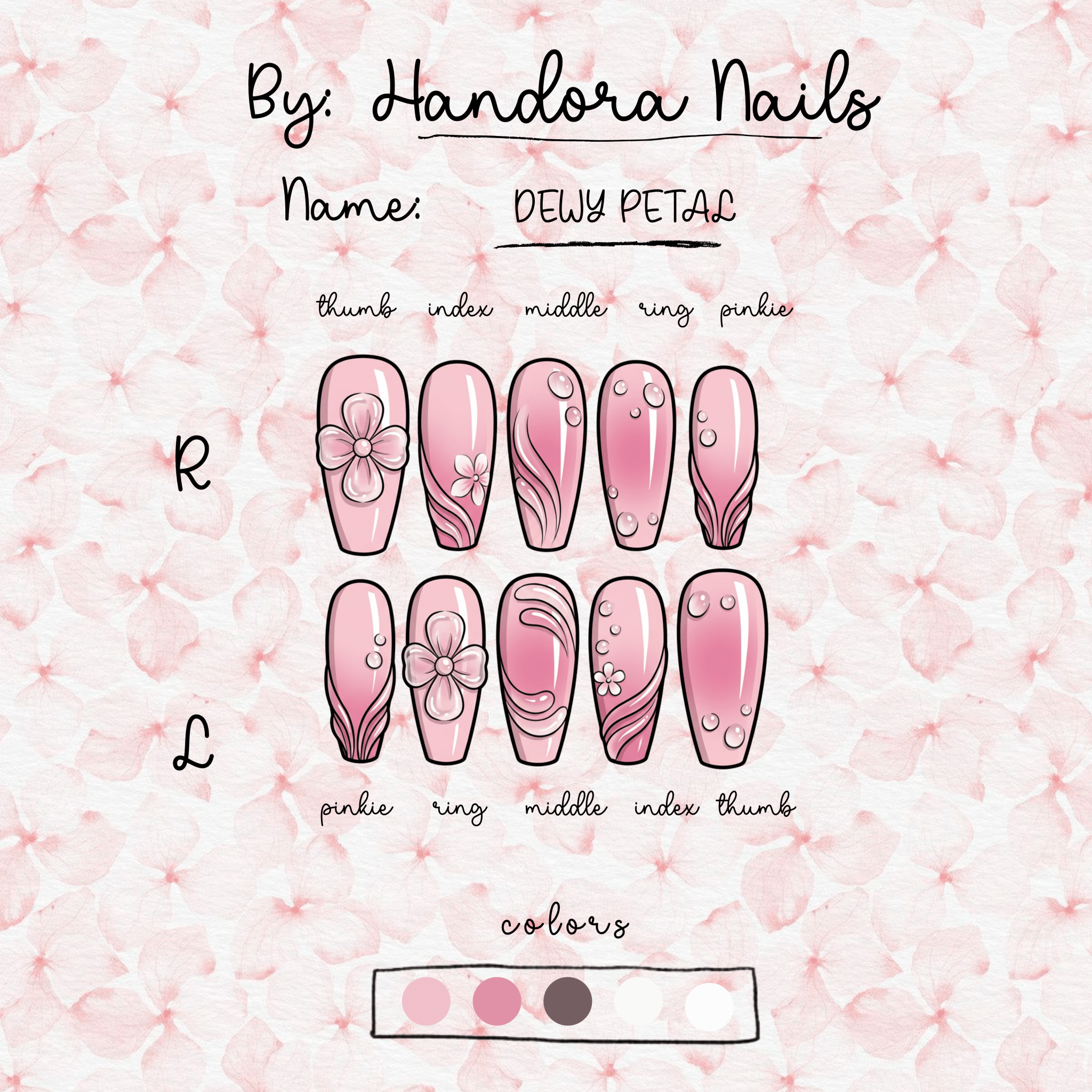 Dewy Petal coffin press-on nails – design close-up by Handora