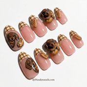 Doxie Hotdog press-on nails worn on hand – almond shape by Handora