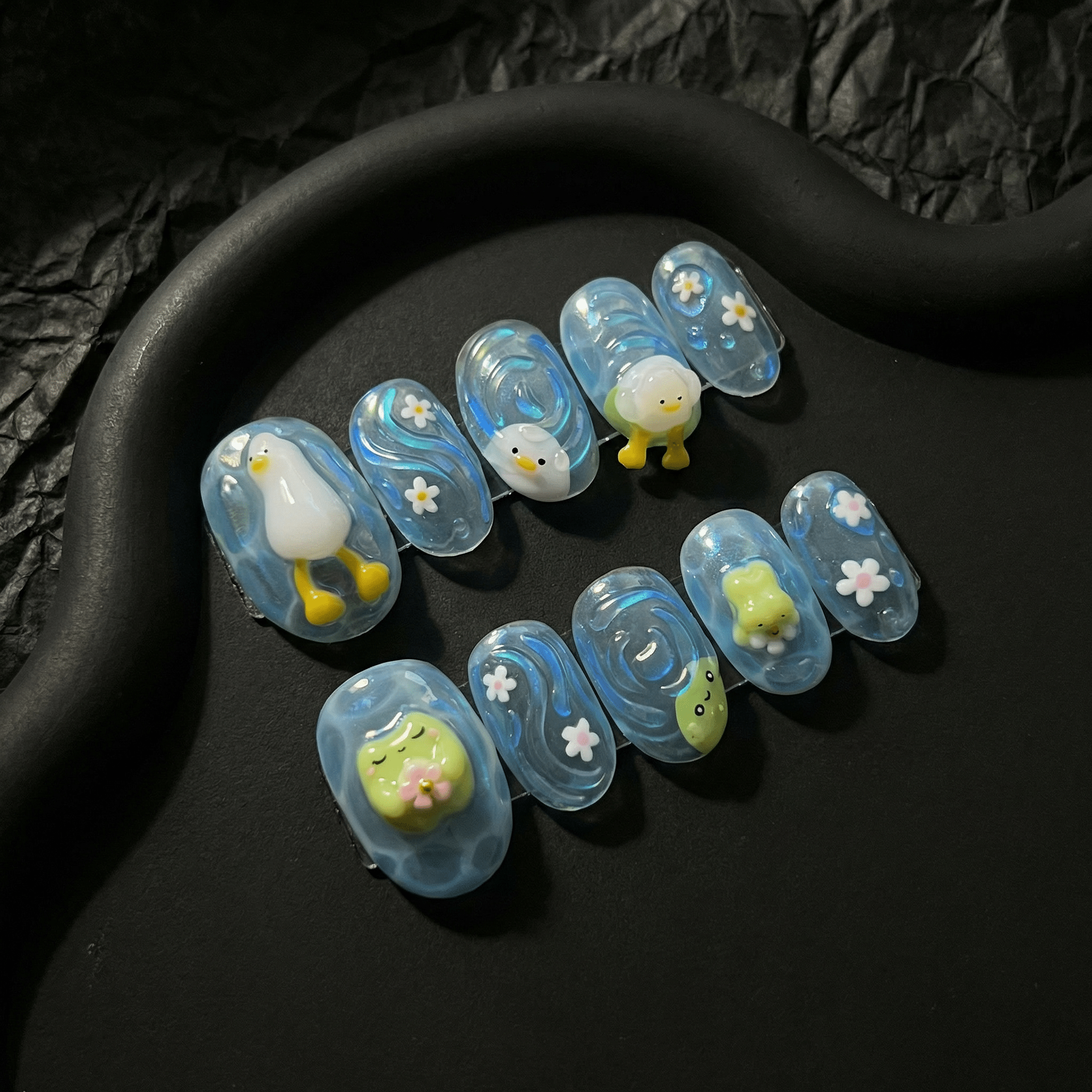 Duck Lagoon cute nail design – handmade press-on nails by Handora