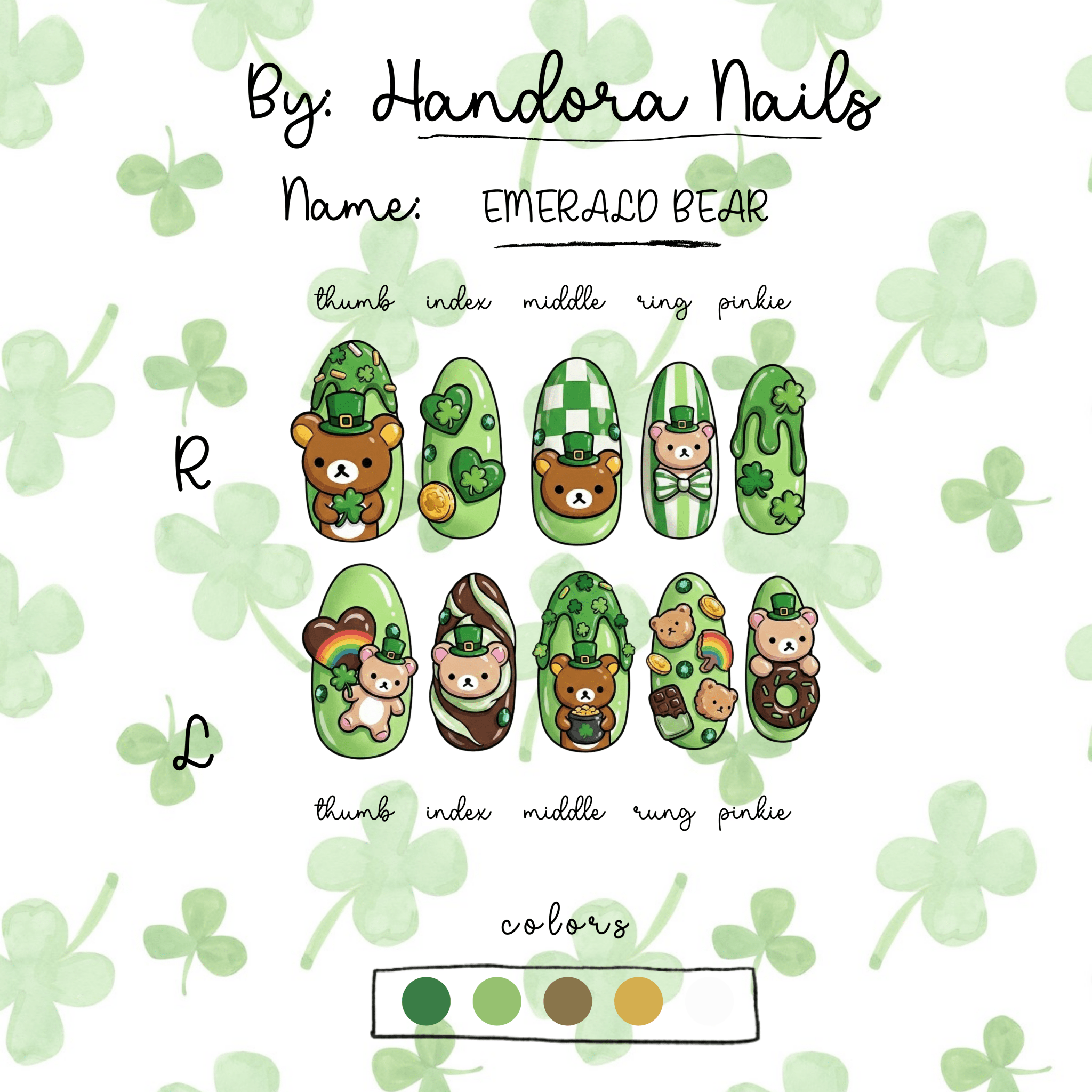 Emerald Bear press-on nails worn on hand – almond shape by Handora