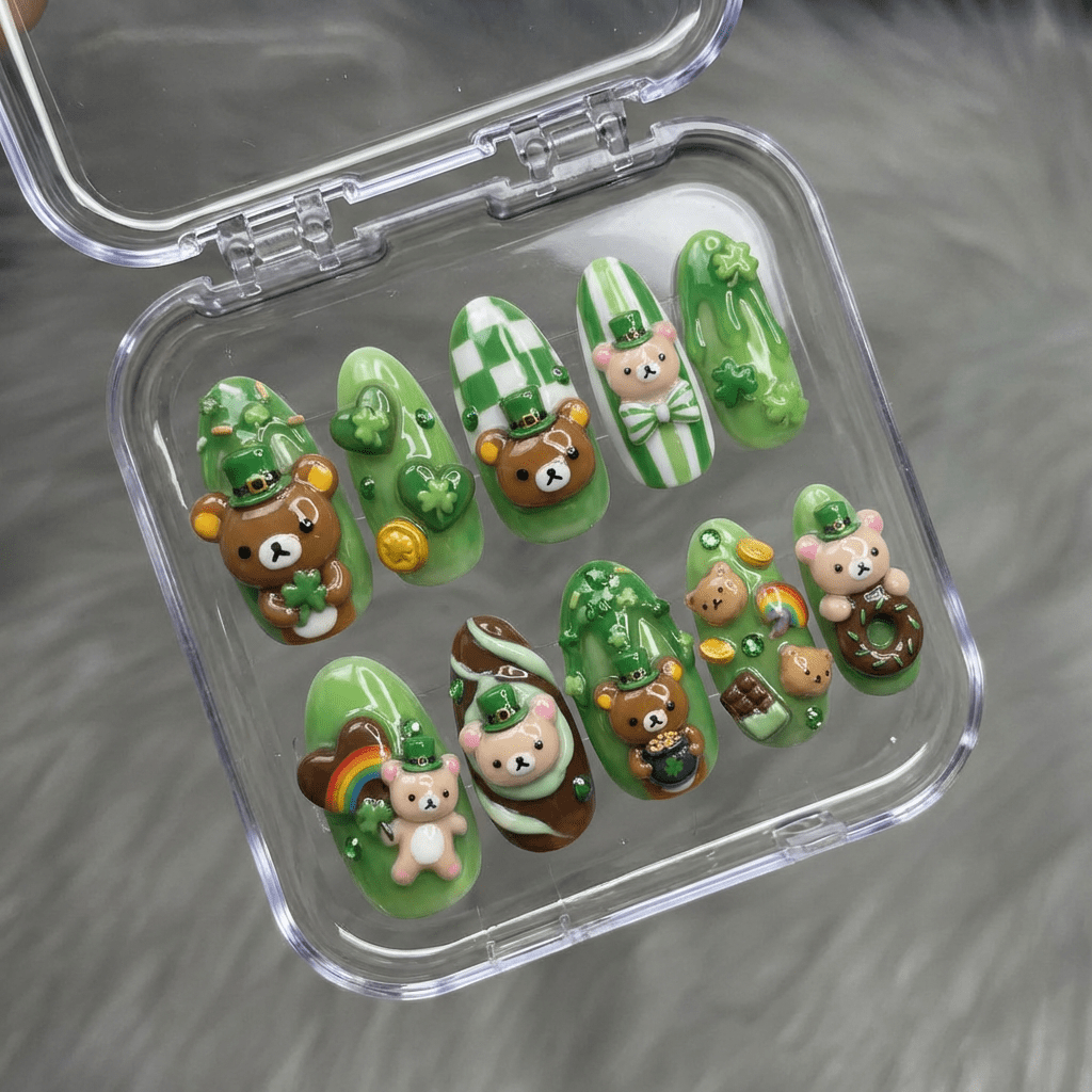 Emerald Bear 3d nail design – handmade press-on nails by Handora