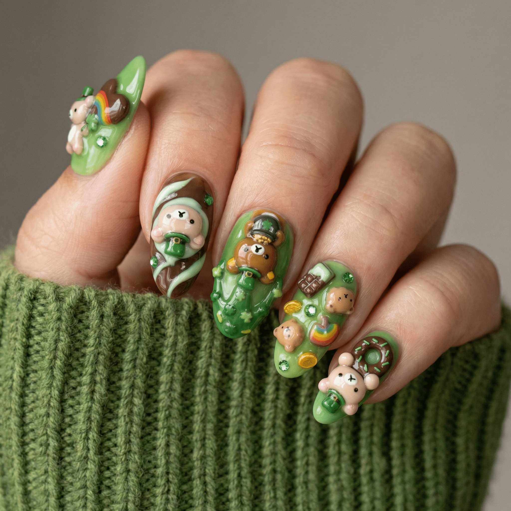 Emerald Bear press-on nails – hand-painted reusable gel set by Handora