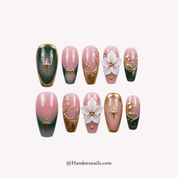 Emerald Bloom green coffin floral press-on nails by Handora