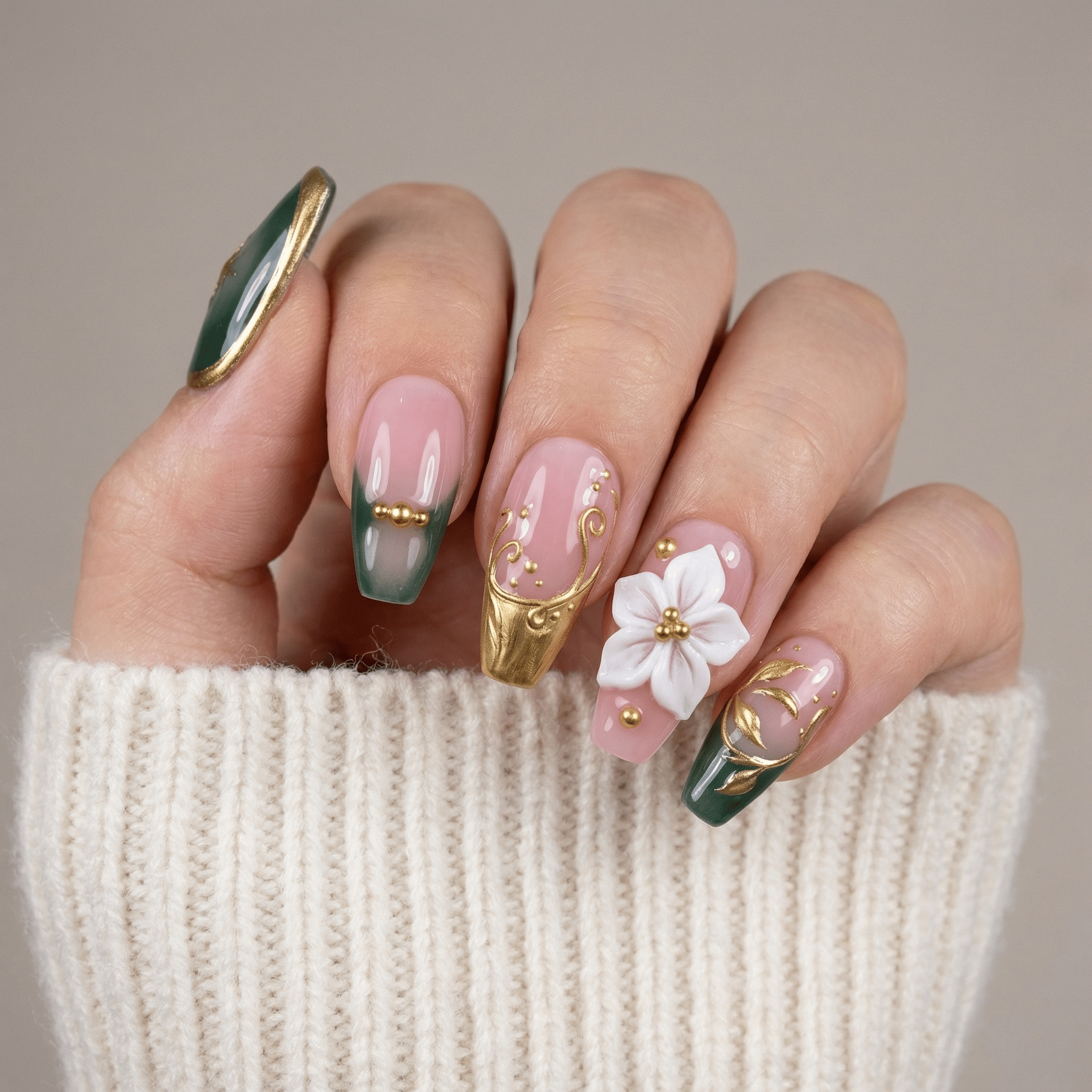 Emerald Bloom press-on nails – hand-painted reusable gel set by Handora