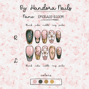 Emerald Bloom coffin press-on nails – design close-up by Handora