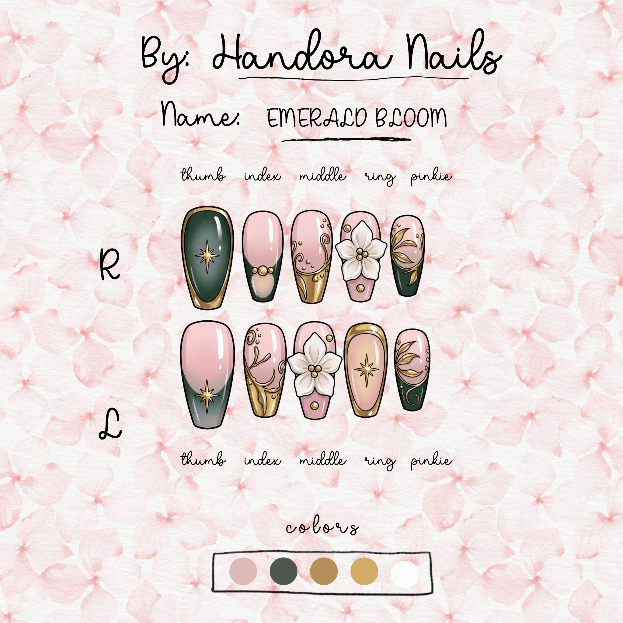 Emerald Bloom coffin press-on nails – design close-up by Handora