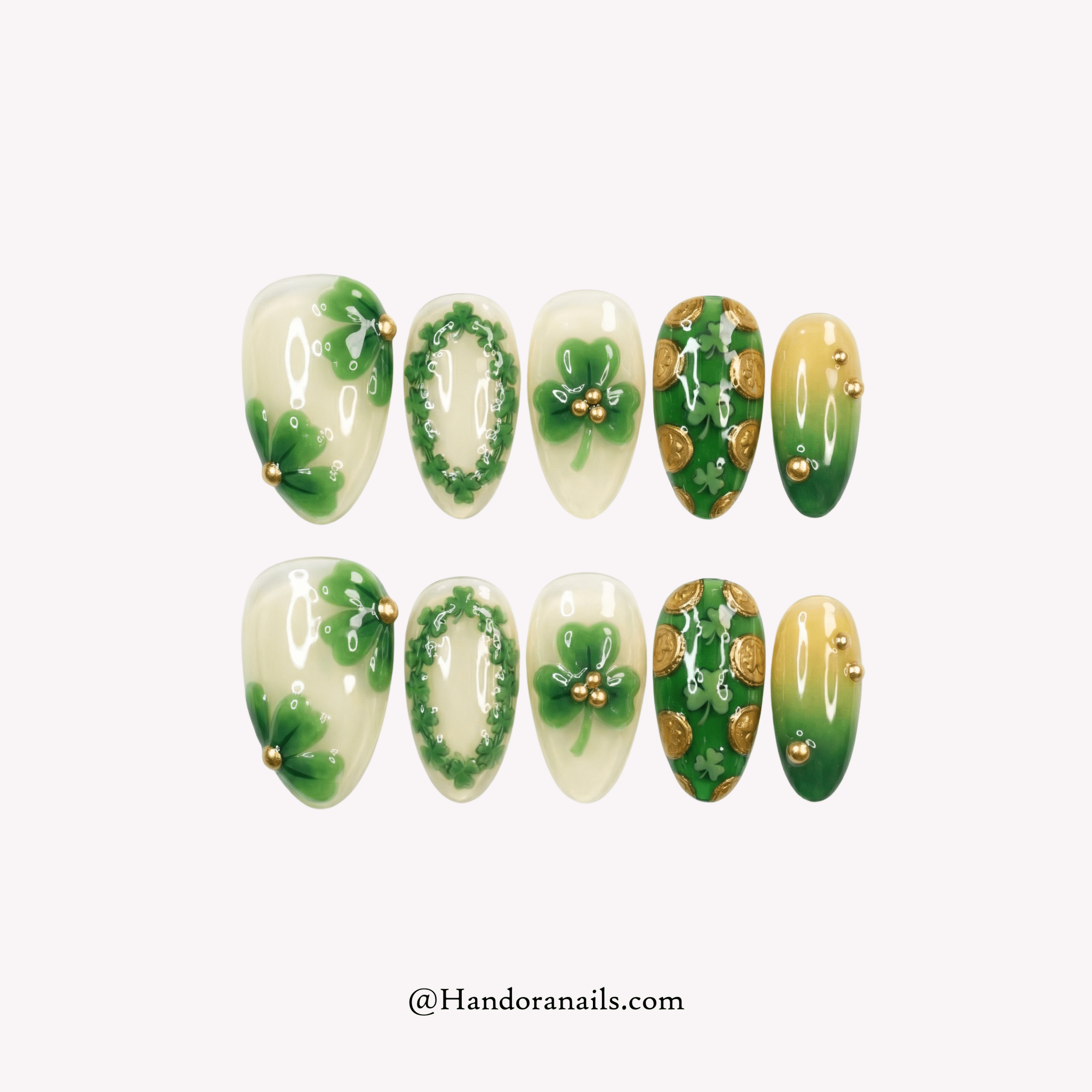Emerald Clovers green 3d press-on nails by Handora