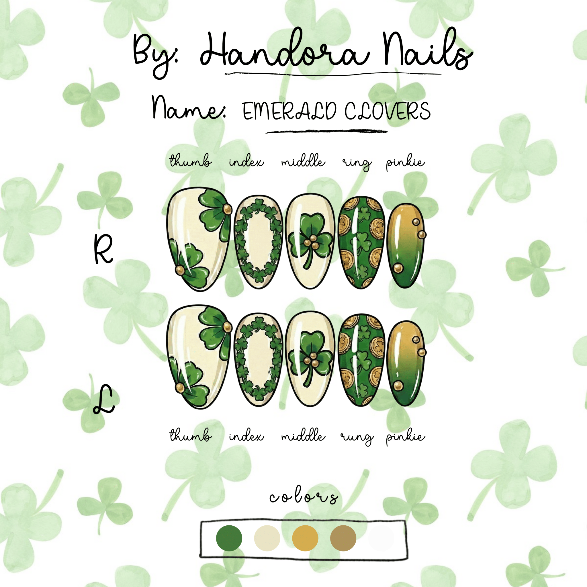 Emerald Clovers 3d nail design – handmade press-on nails by Handora