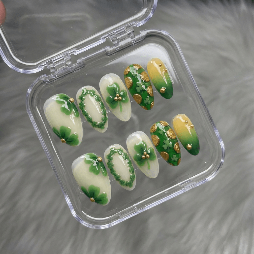 Emerald Clovers press-on nails – design close-up by Handora