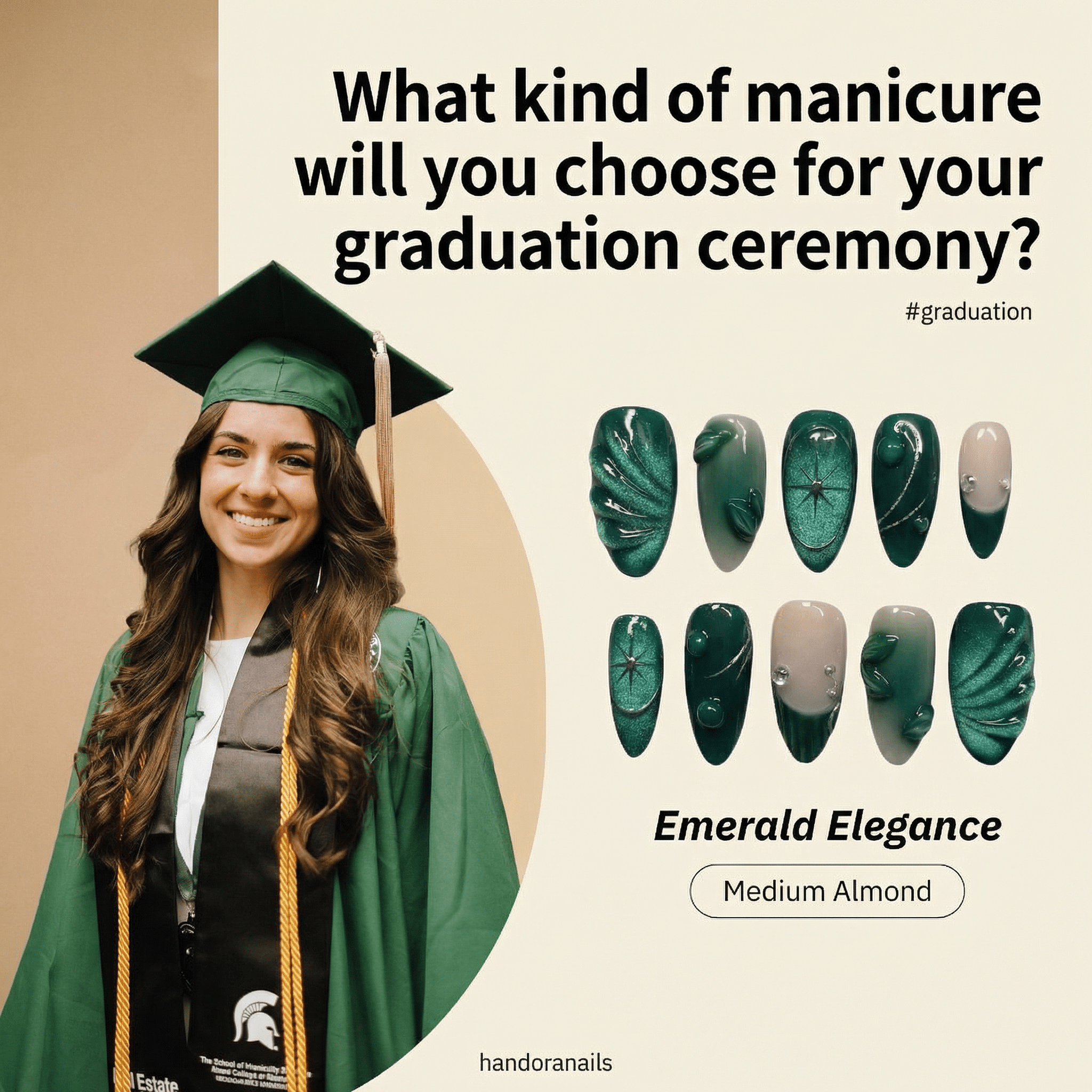 Emerald Elegance full press-on nail set – sizes XS–L by Handora