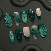 Emerald Elegance press-on nails – hand-painted reusable gel set by Handora