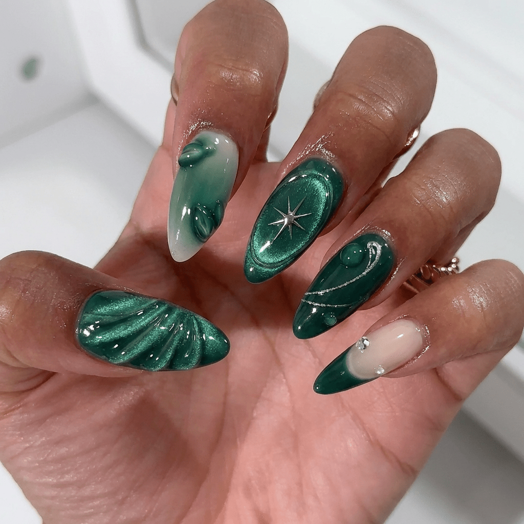 Emerald Elegance press-on nails – design close-up by Handora