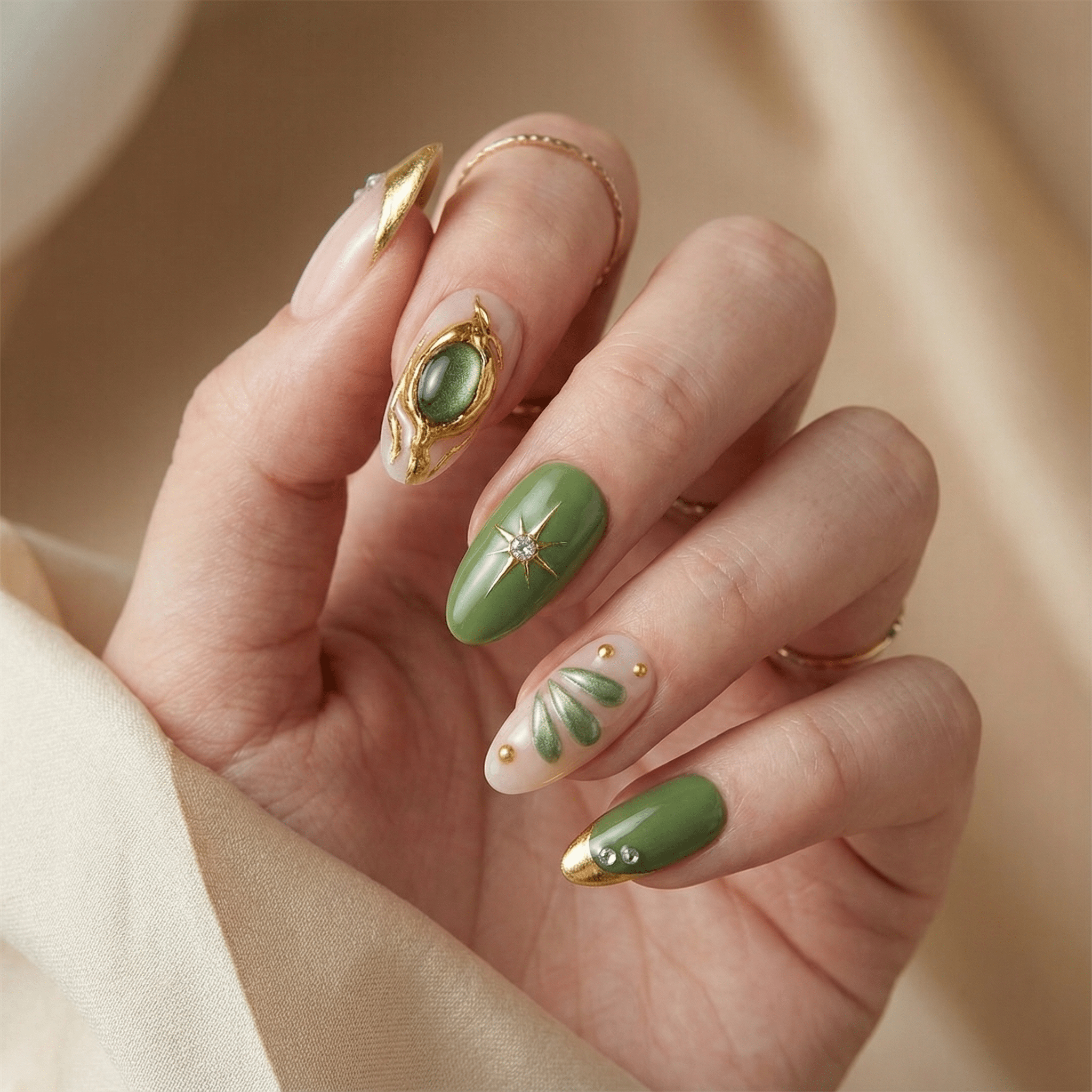 Emerald Empire press-on nails – hand-painted reusable gel set by Handora