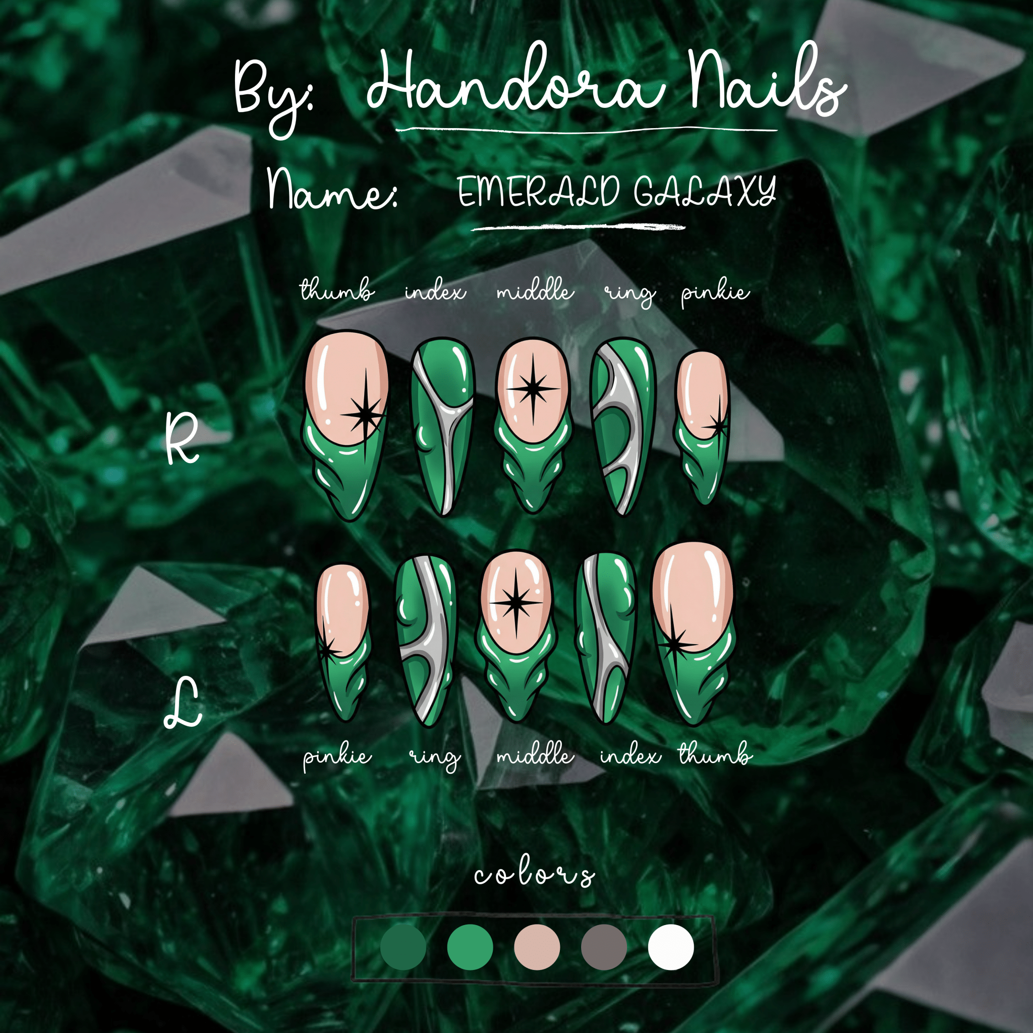 Emerald Galaxy press-on nails – design close-up by Handora