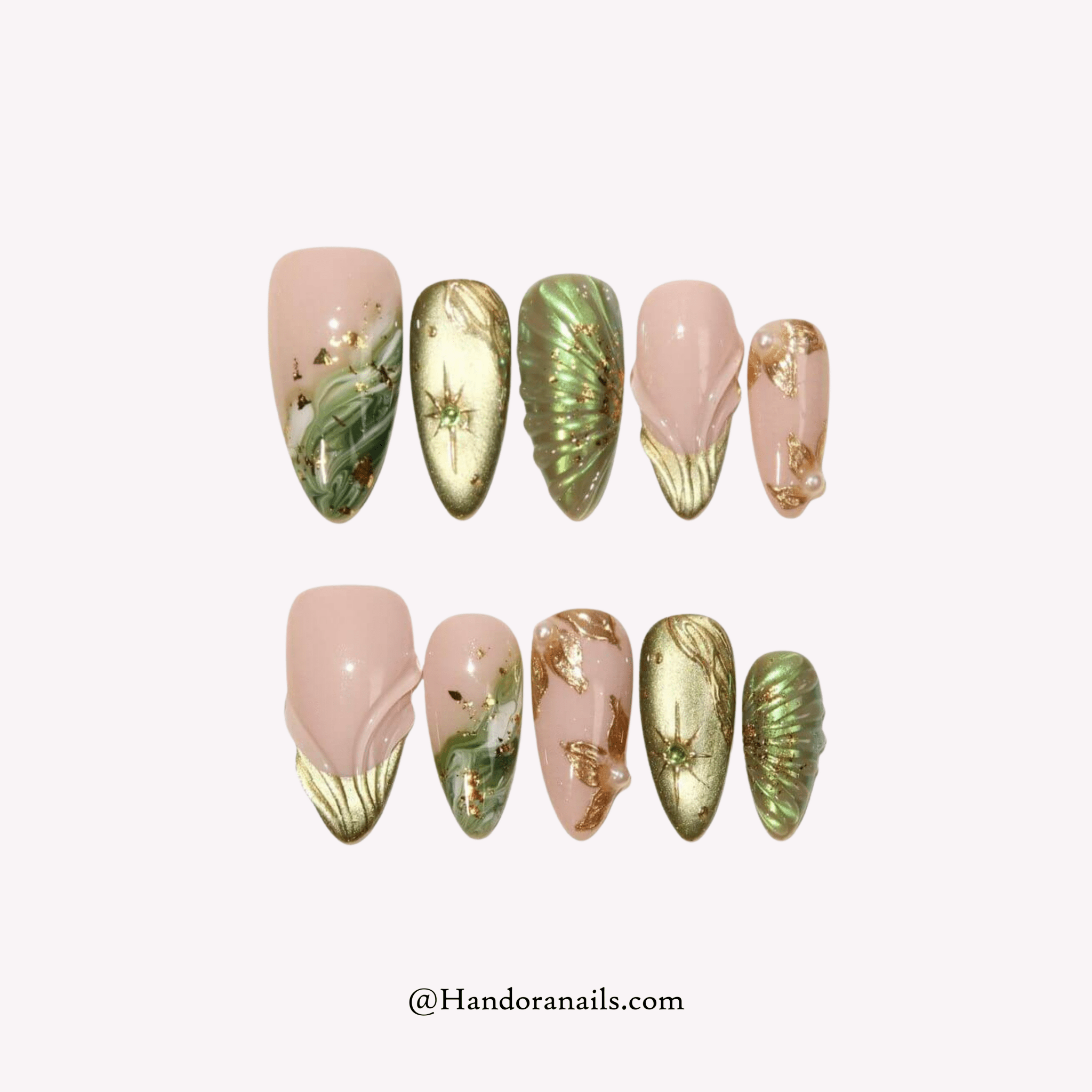 Emerald Gilded green almond 3d press-on nails by Handora