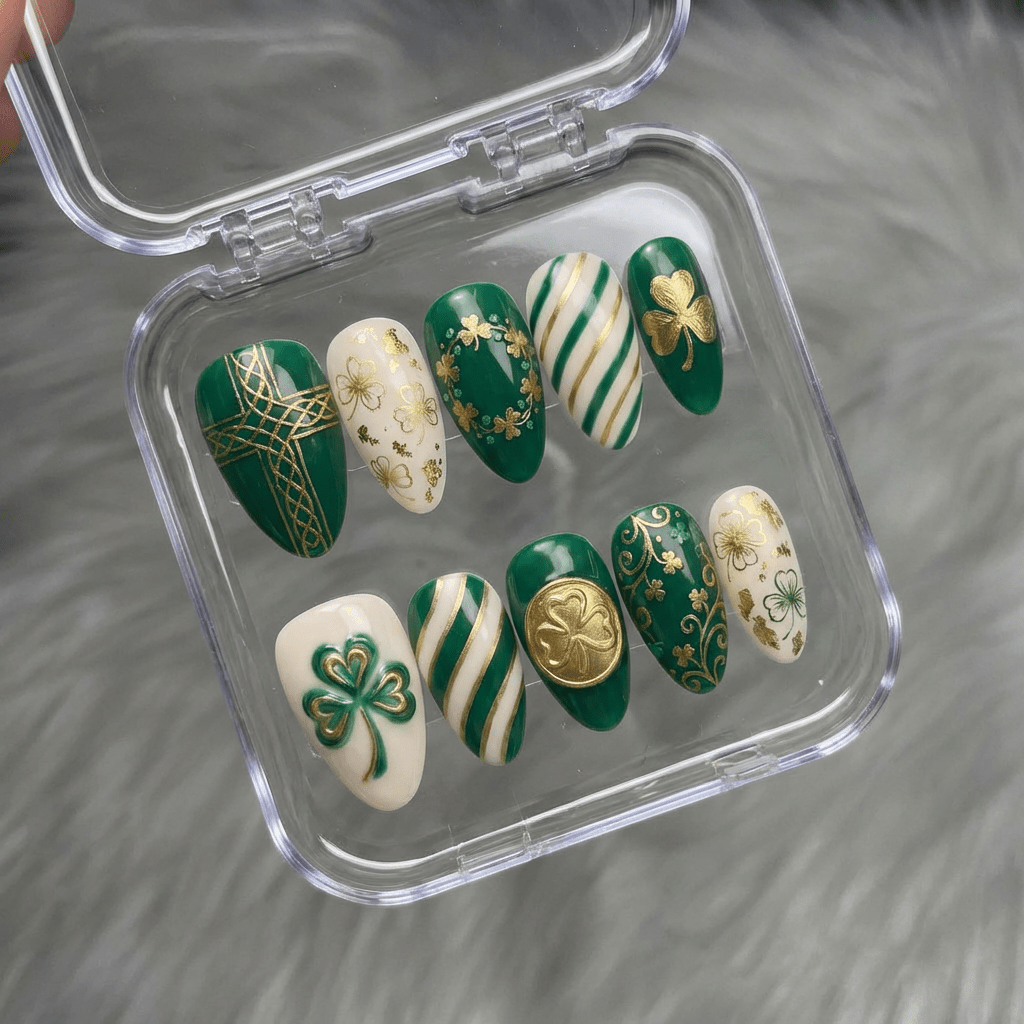 Emerald Luck press-on nails – hand-painted reusable gel set by Handora
