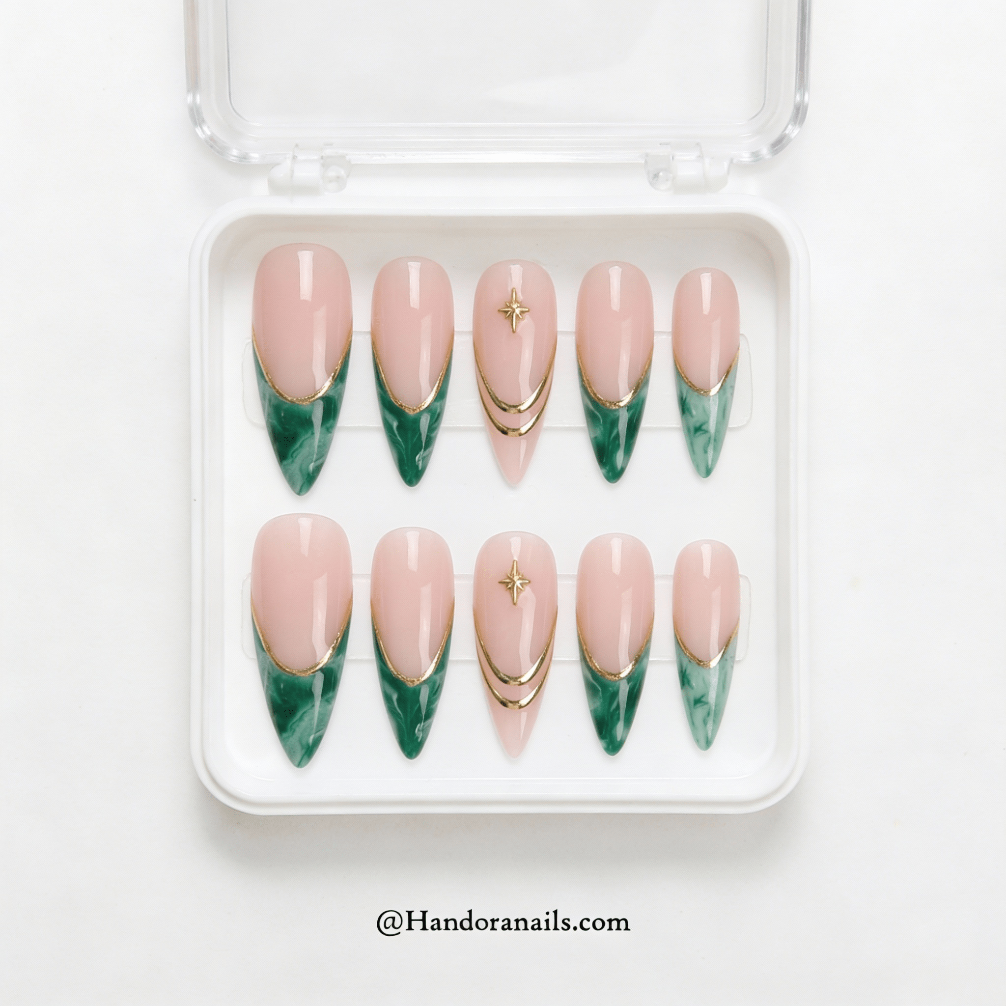 Emerald Marble press-on nails – design close-up by Handora