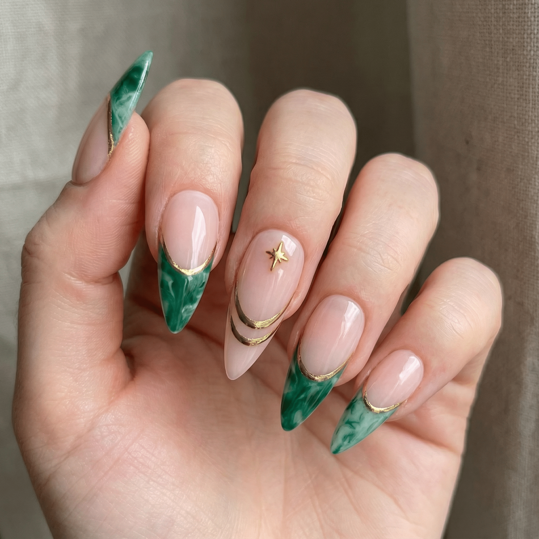 Emerald Marble press-on nails – hand-painted reusable gel set by Handora