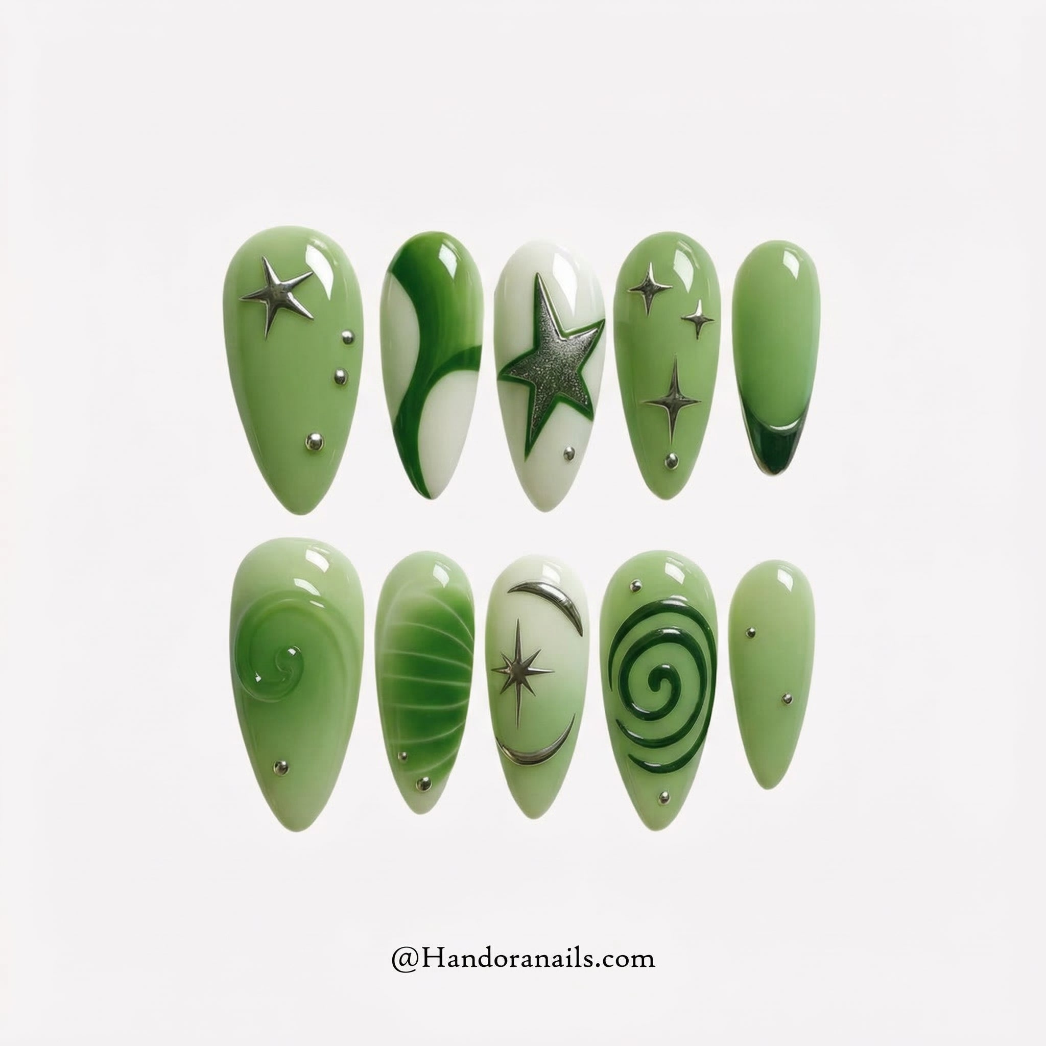 Emerald Star green press-on nails by Handora