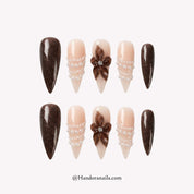 Espresso Pearl white stiletto floral press-on nails by Handora