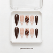 Espresso Pearl stiletto press-on nails – design close-up by Handora