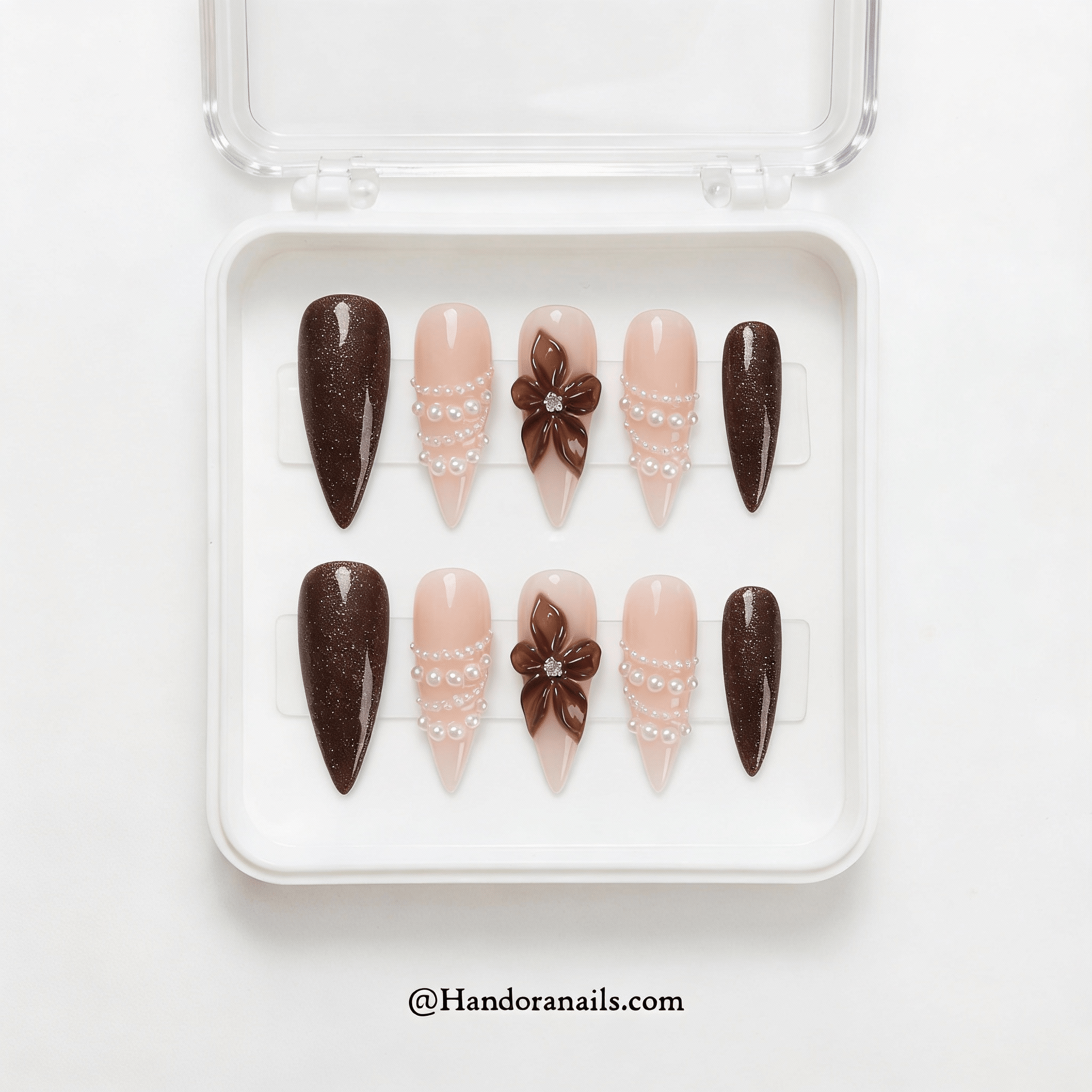 Espresso Pearl stiletto press-on nails – design close-up by Handora