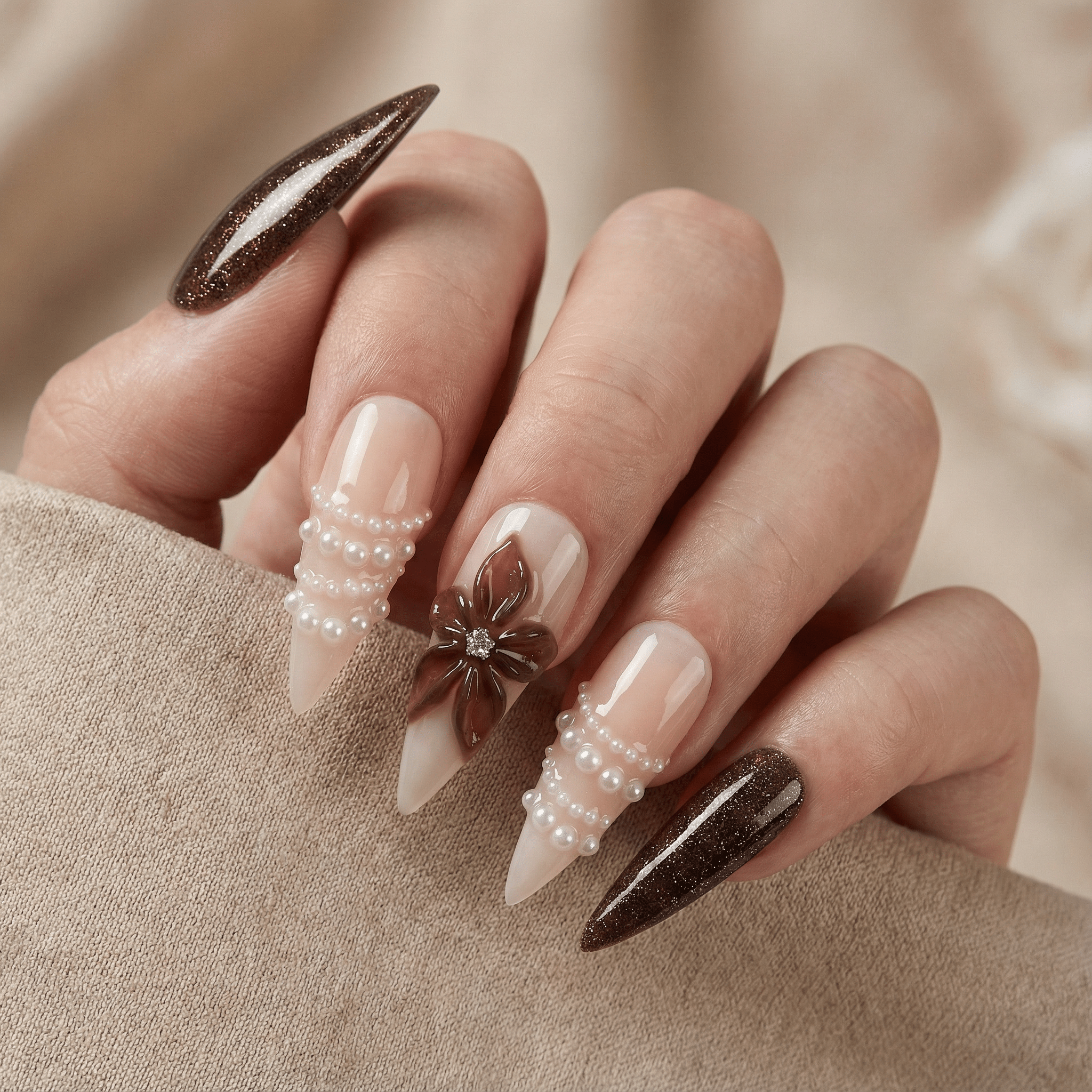 Espresso Pearl press-on nails – hand-painted reusable gel set by Handora