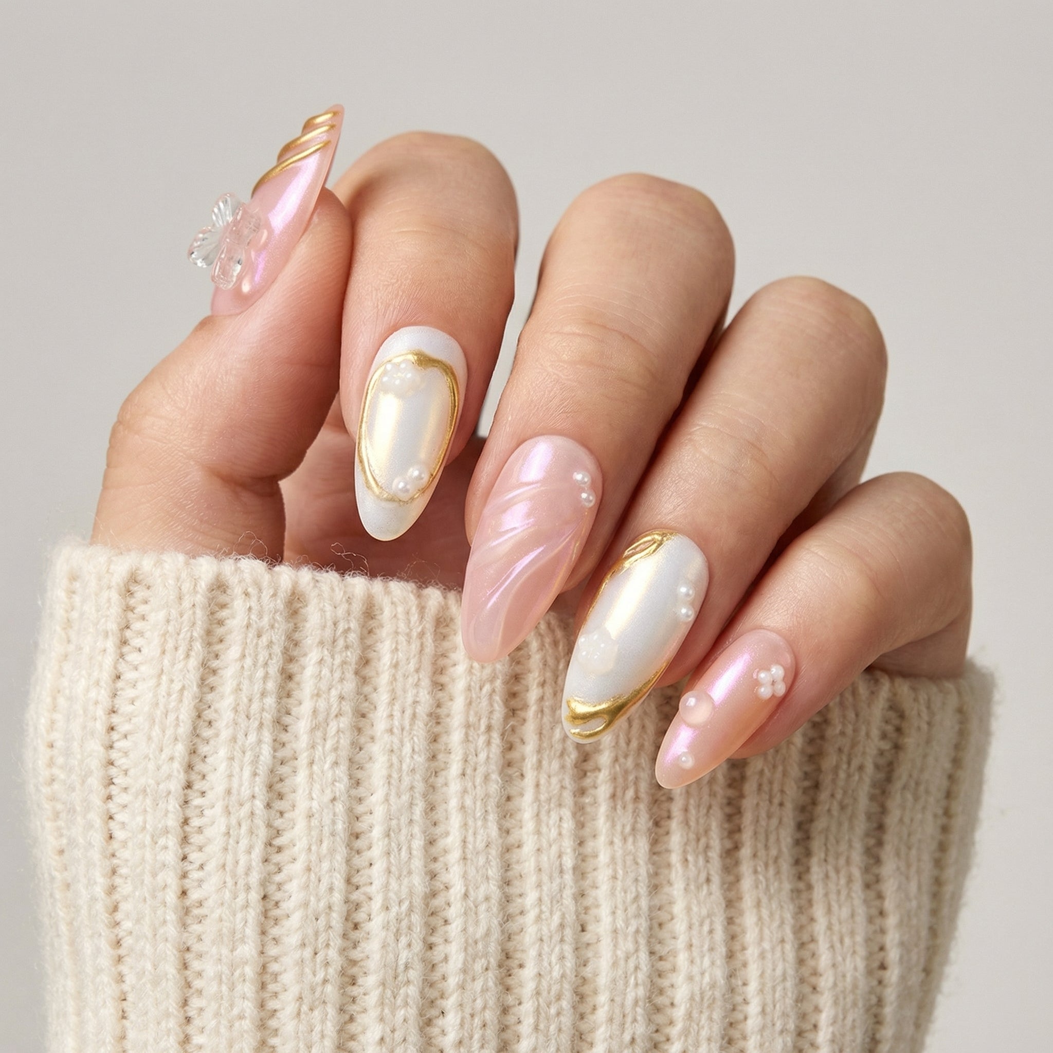 Ethereal Chrome press-on nails – hand-painted reusable gel set by Handora