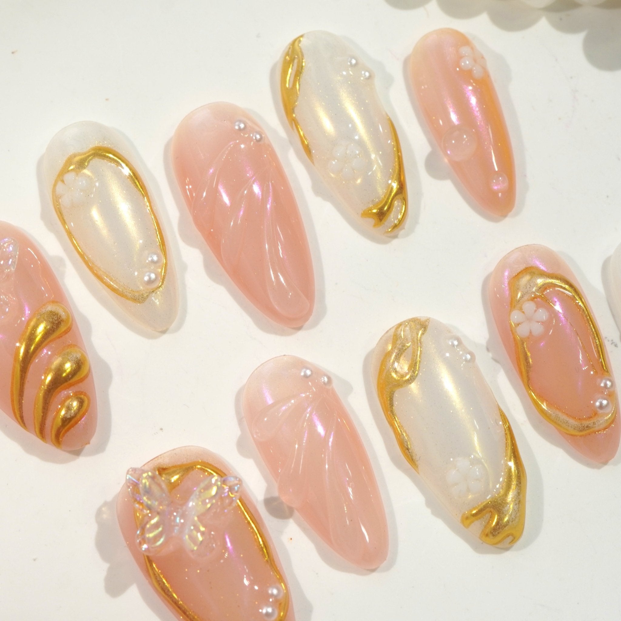 Ethereal Chrome nail design – handmade press-on nails by Handora