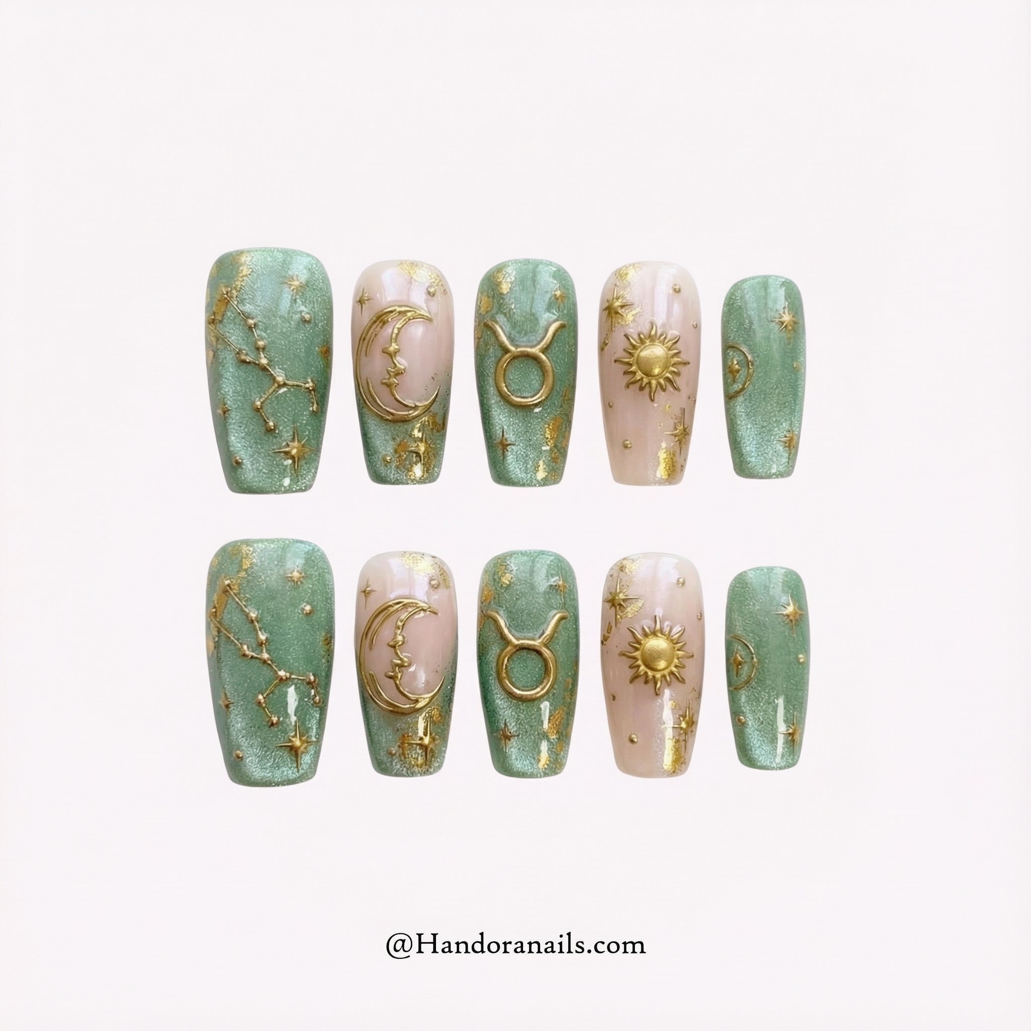 Ethereal Taurus press-on nails – design close-up by Handora