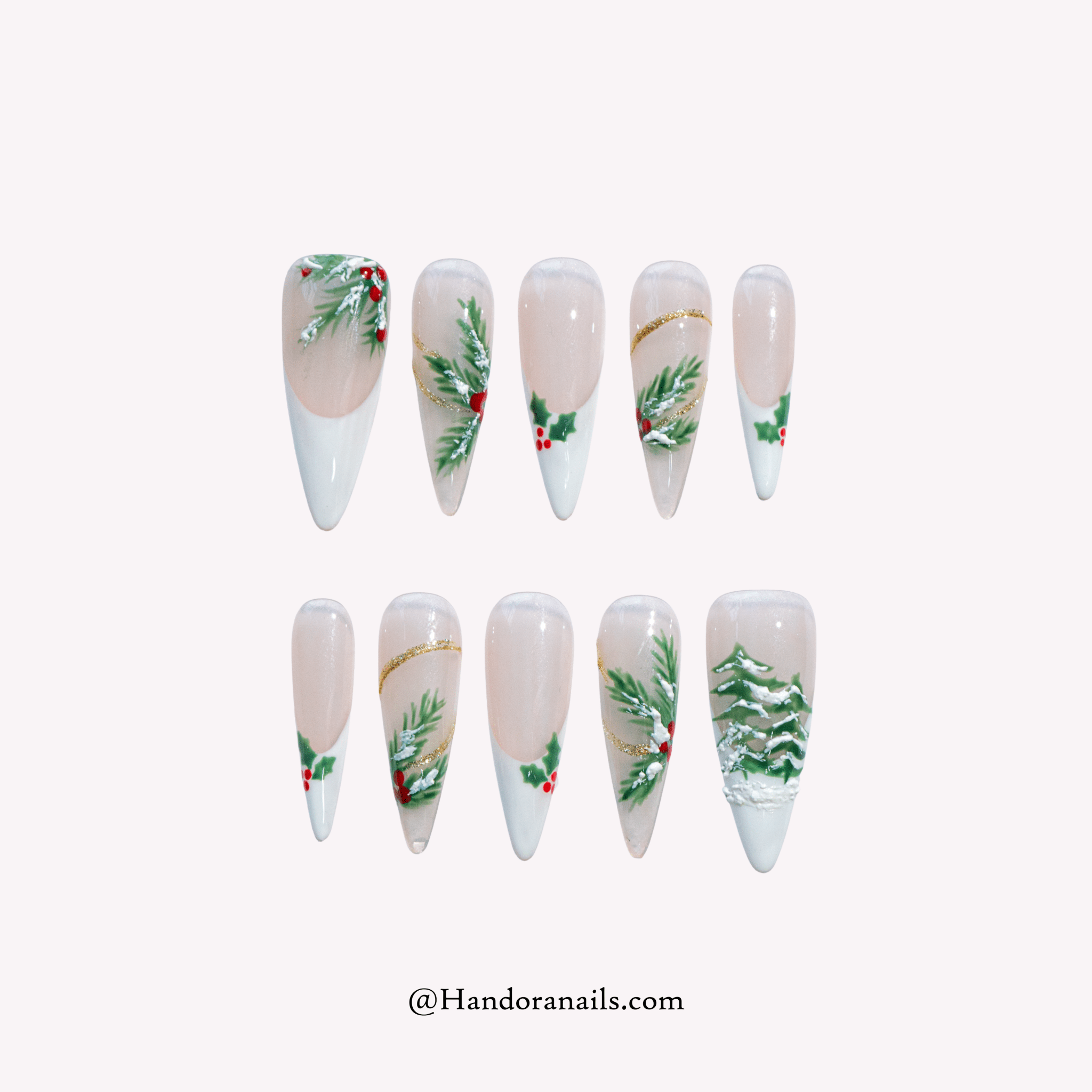Festive Holly almond press-on nails by Handora