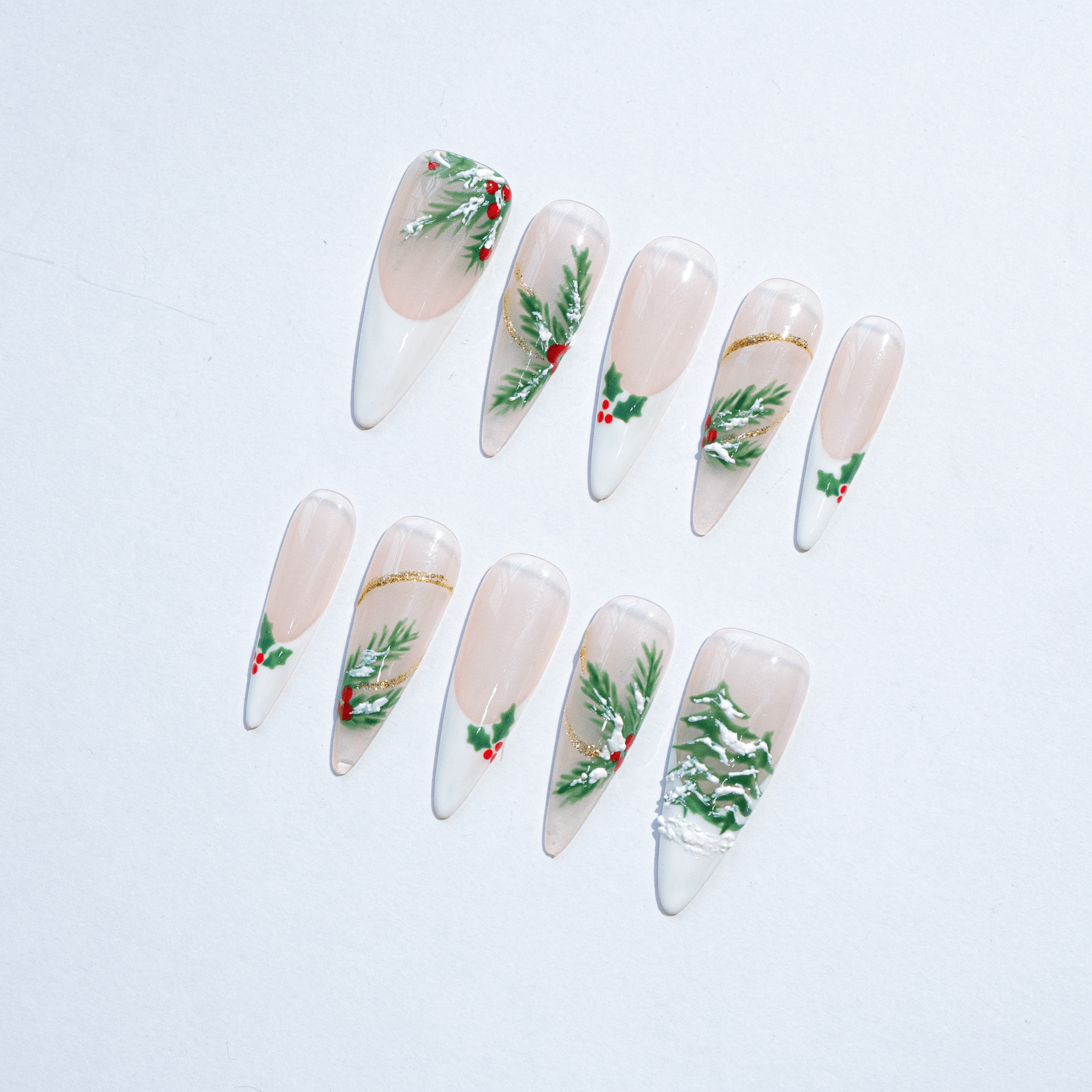 Festive Holly nail design – handmade press-on nails by Handora