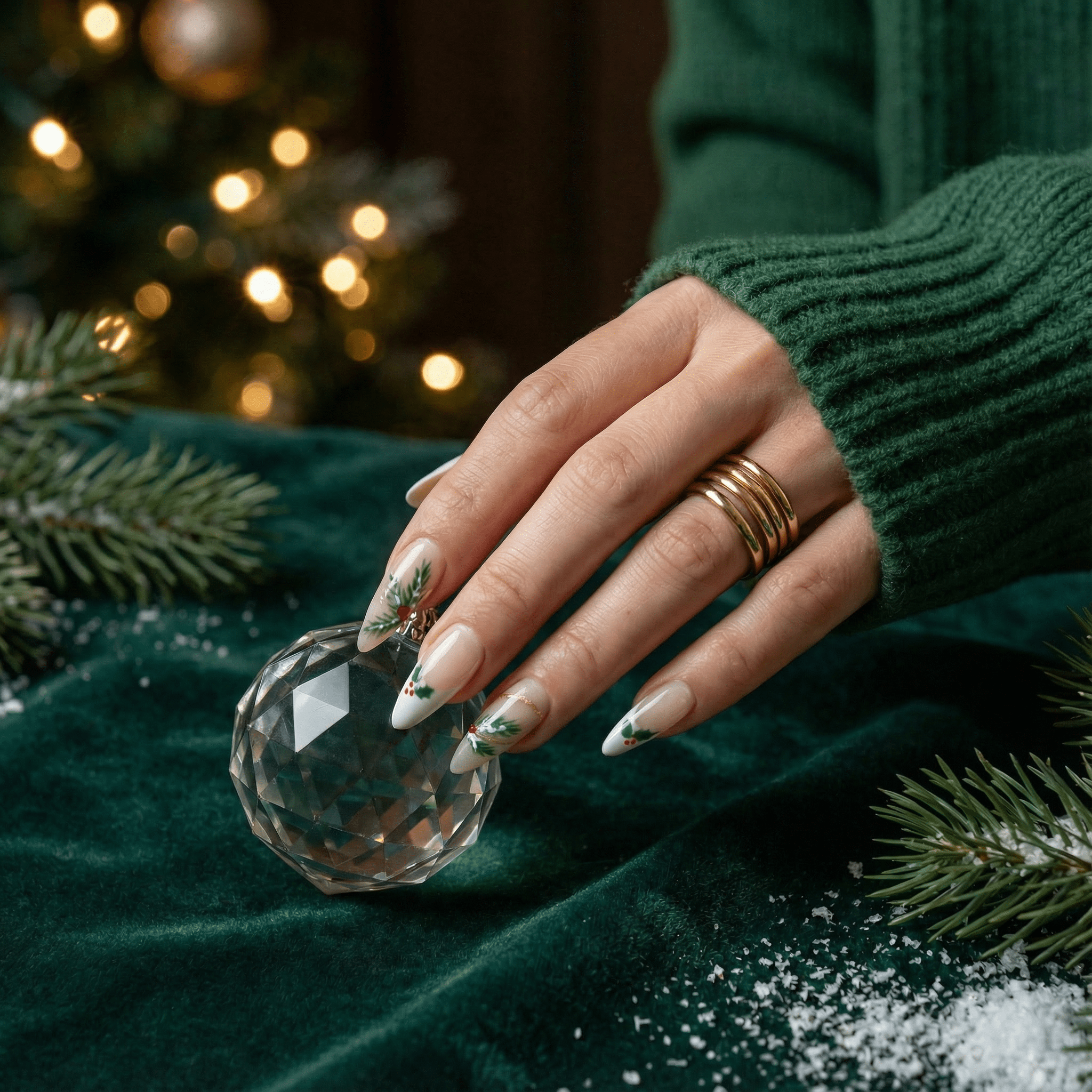 Festive Holly press-on nails – hand-painted reusable gel set by Handora