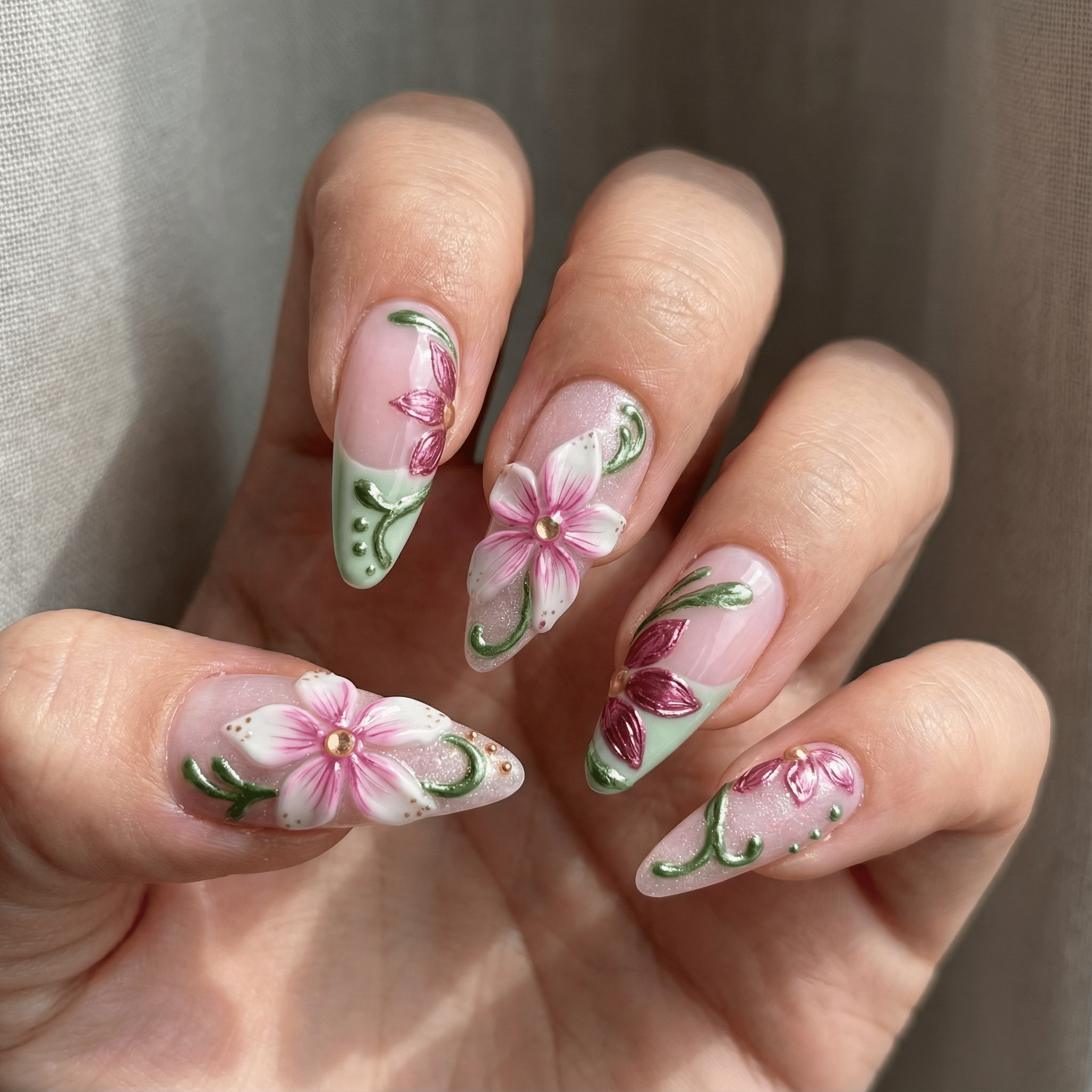 Flora Veridian press-on nails – hand-painted reusable gel set by Handora