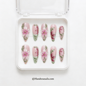 Flora Veridian stiletto press-on nails – design close-up by Handora