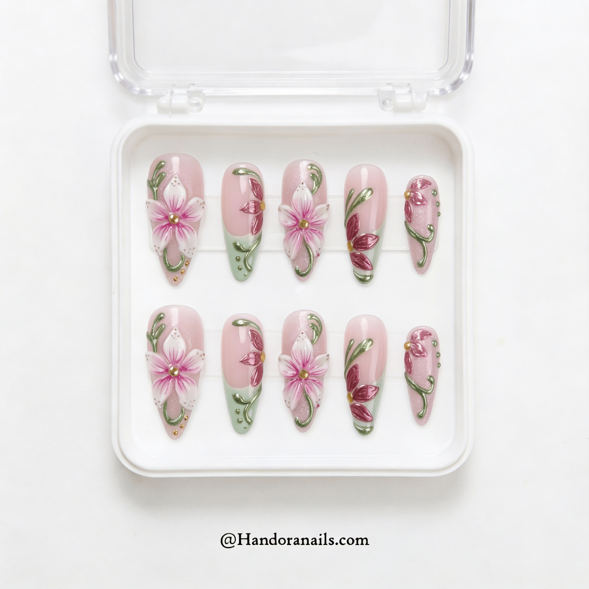 Flora Veridian stiletto press-on nails – design close-up by Handora
