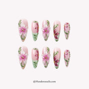 Flora Veridian stiletto floral press-on nails by Handora