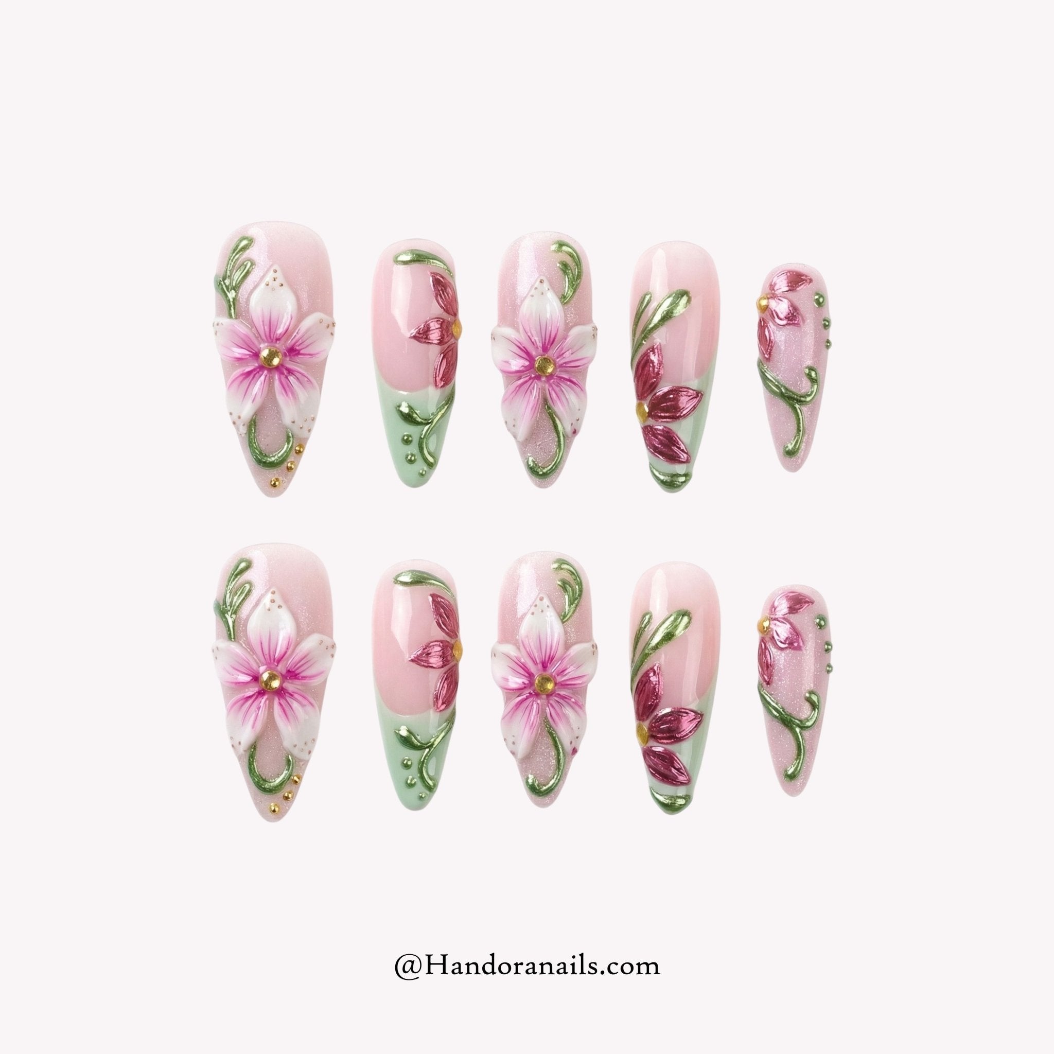 Flora Veridian stiletto floral press-on nails by Handora