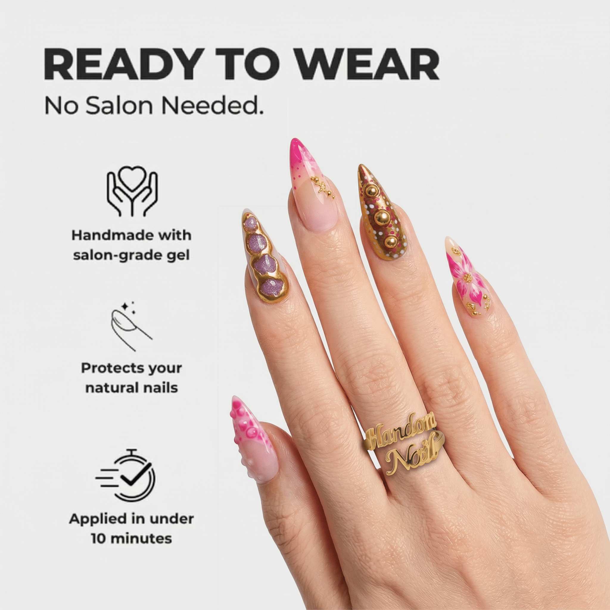 Floral Bijoux almond press-on nails – design close-up by Handora