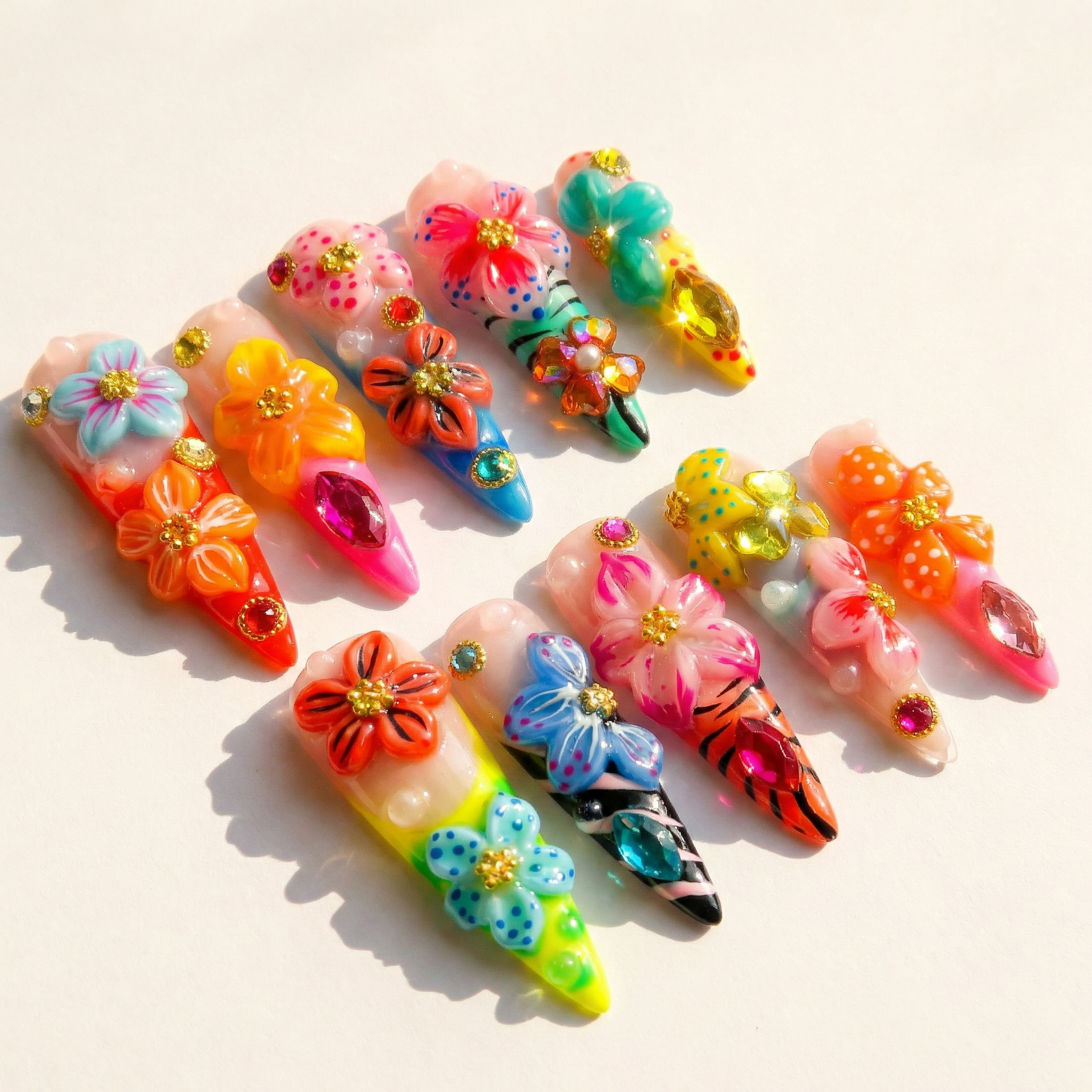 Floral Carnival floral nail design – handmade press-on nails by Handora