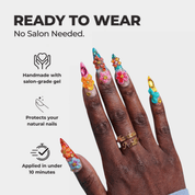 Floral Carnival almond press-on nails – design close-up by Handora