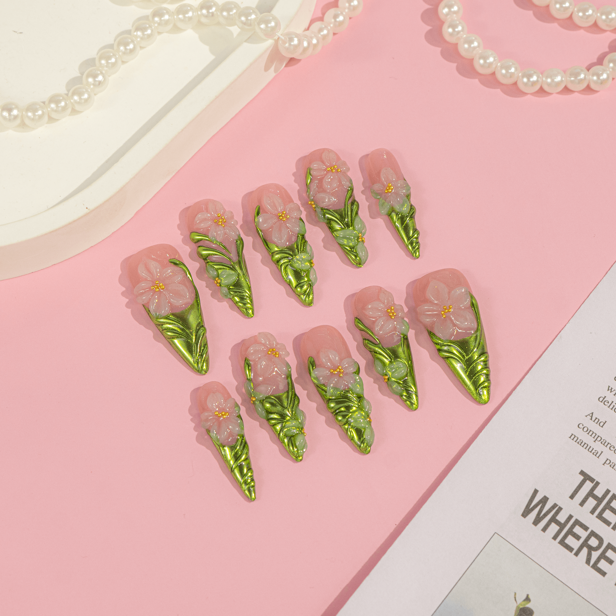 Floral Ceramic full press-on nail set – sizes XS–L by Handora