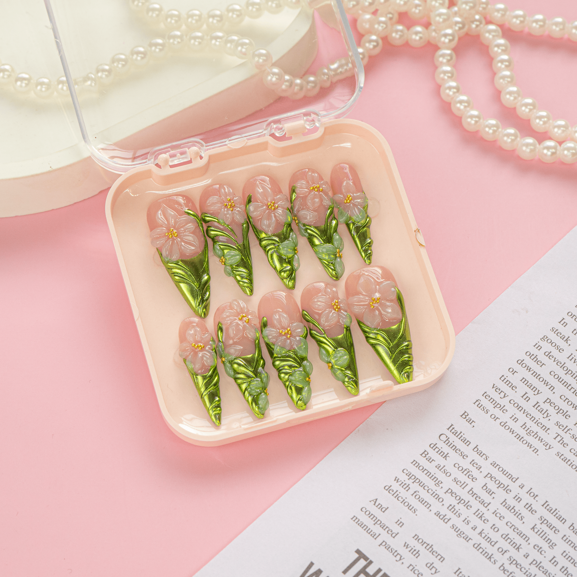 Floral Ceramic salon-quality handmade press-on nails by Handora