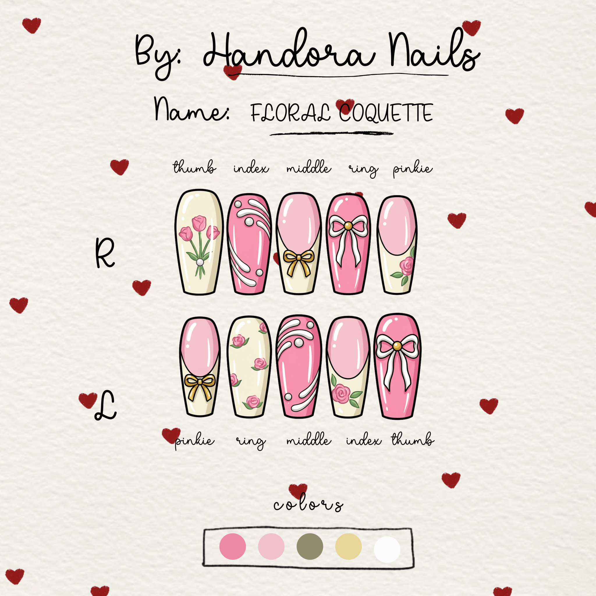 Floral Coquette press-on nails – design close-up by Handora