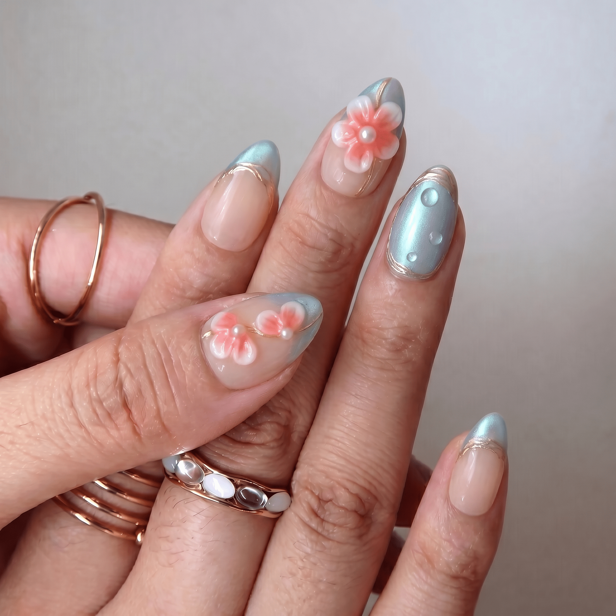 Floral Dewdrop press-on nails – hand-painted reusable gel set by Handora