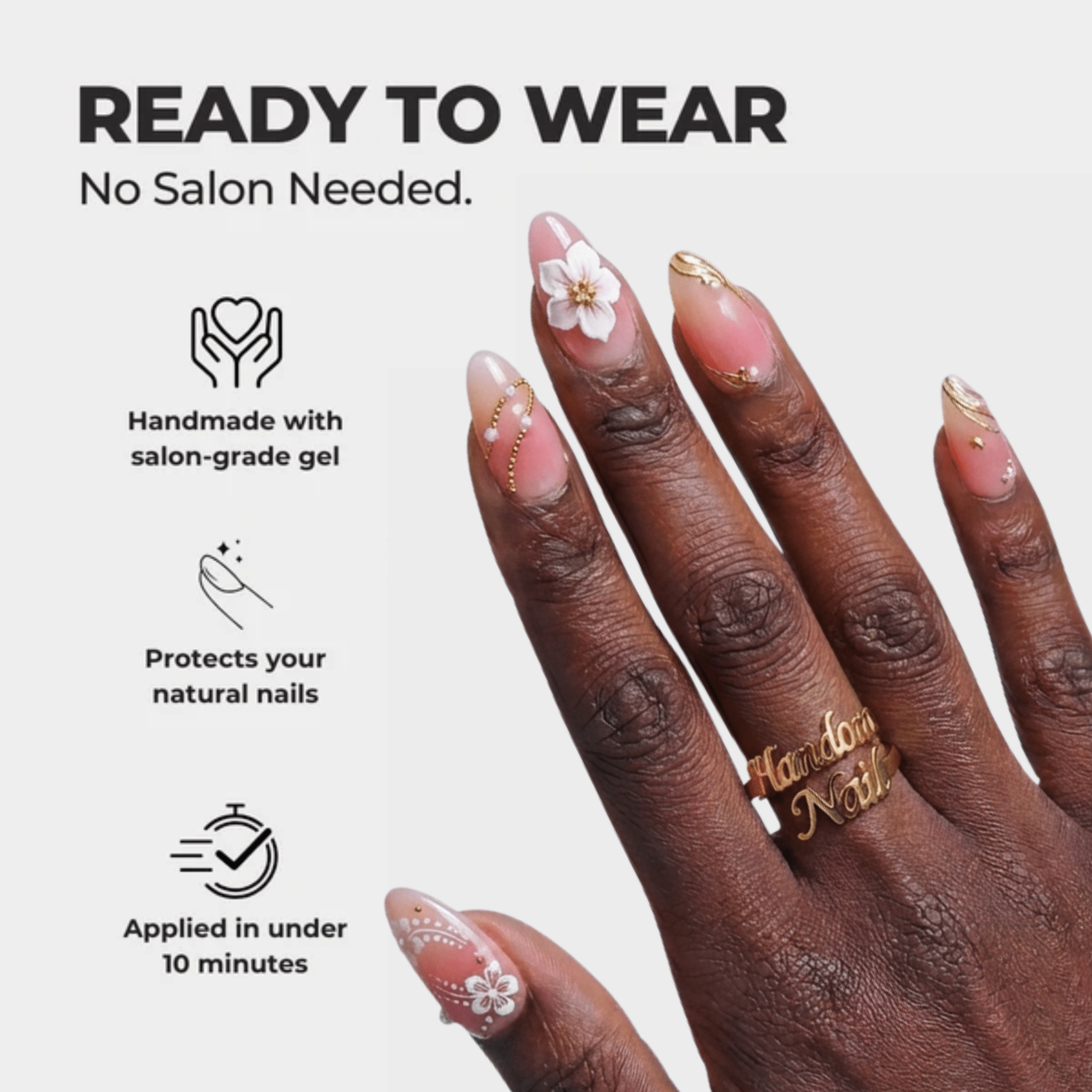 Floral Empress almond press-on nails – design close-up by Handora