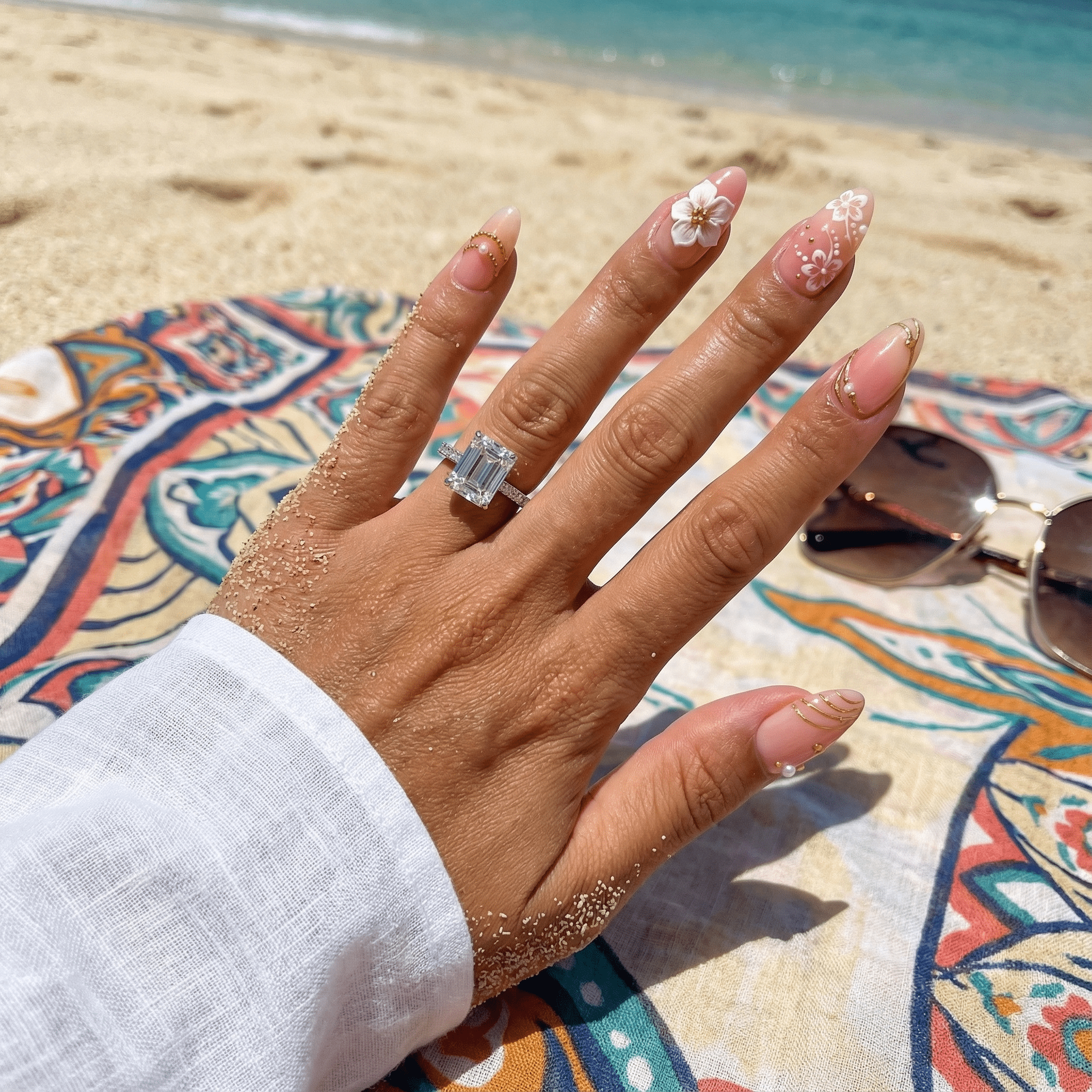 Floral Empress press-on nails worn on hand – almond shape by Handora