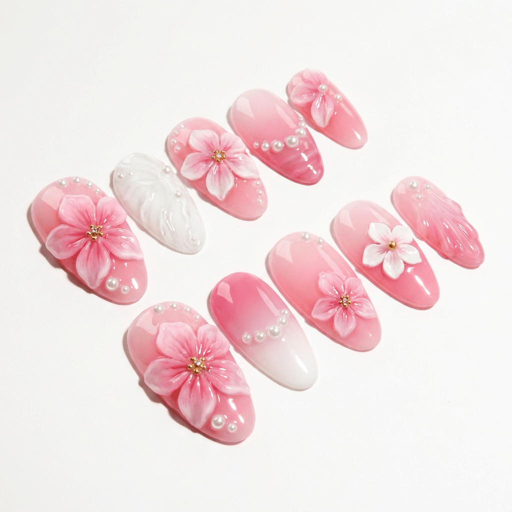 Floral Glaze floral nail design – handmade press-on nails by Handora