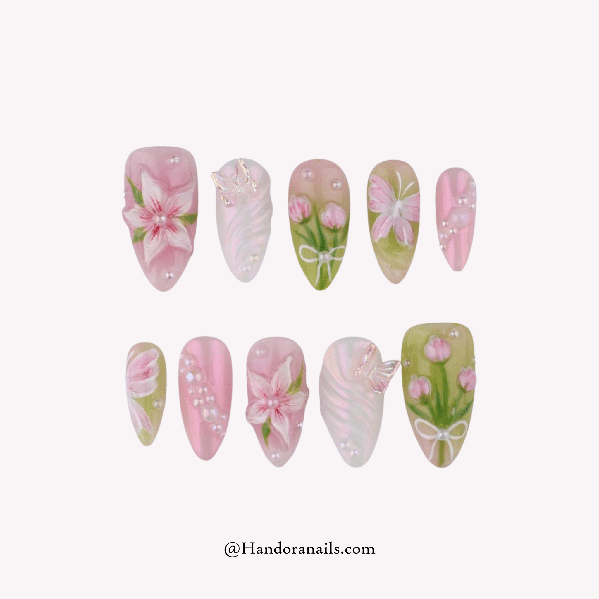 Floral Grace almond floral press-on nails by Handora
